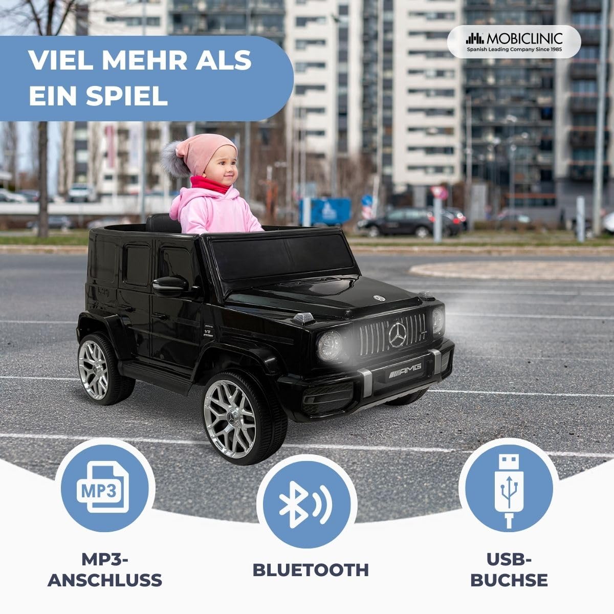 Mobiclinic®, Elektrisches Kinderauto, Mercedes Benz AMG G63, Fernbedienung und Pedal, 12V Batteriebetriebener Geländewagen, MP3, Bluetooth, USB, Lichter und Musik, bis zu 5km/h, +3 Jahren, Terrakid
