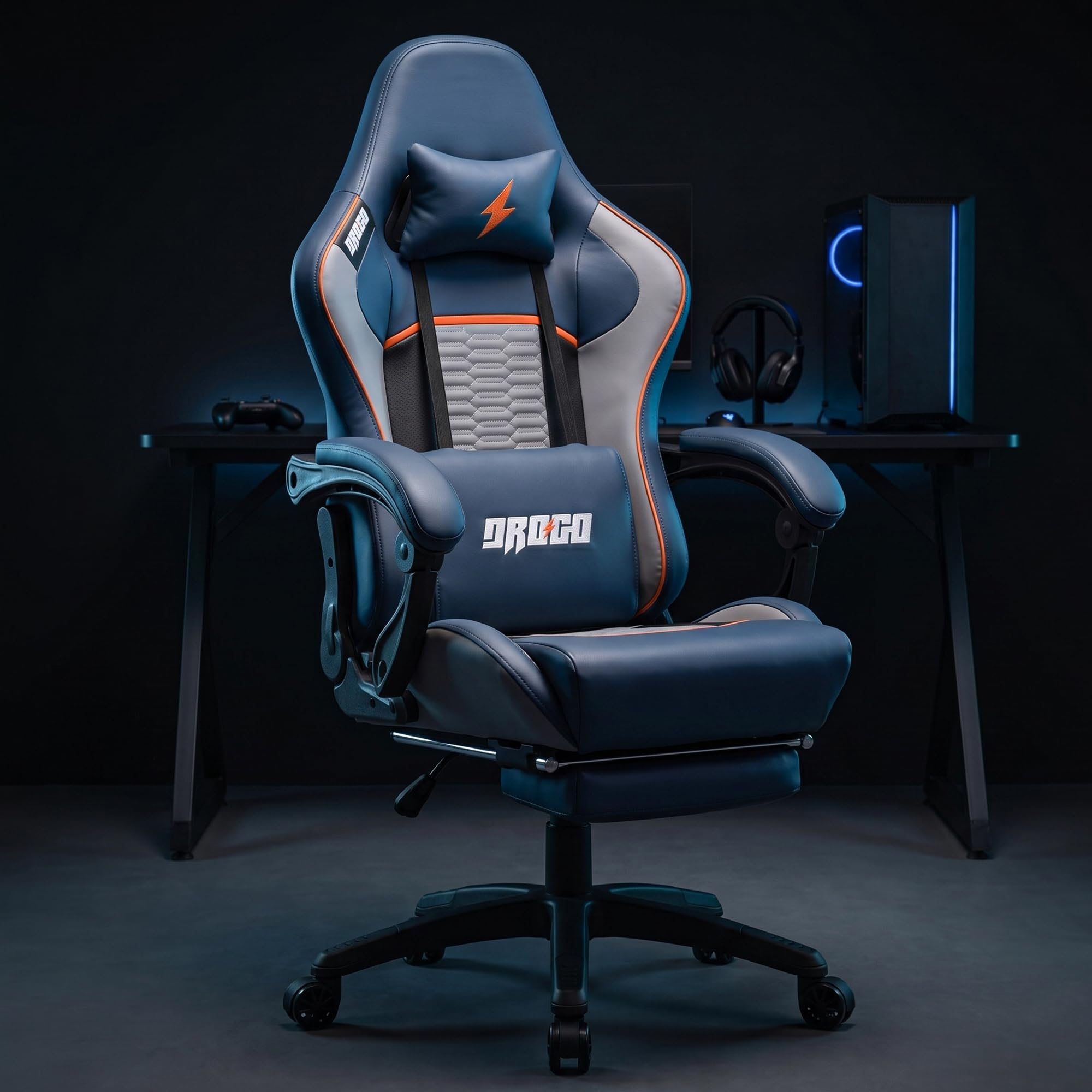 BAYBEE Drogo Racer Multi-Purpose Ergonomic Gaming Chair with 7 Way Adjustable Seat, Head & USB Massager, PU Leather Lumbar Pillow Home & Office Chair with Full Reclining Back Footrest (Racer Blue)