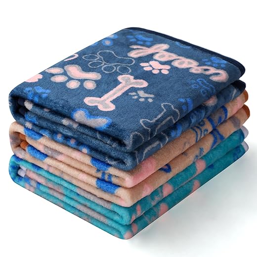 Luciphia 1 Pack 3 Blankets Fluffy Premium Fleece Pet Blanket Flannel Paw Bone Printed Throw for Dog Cat(Small 23"x16", Khaki/Blue/Navy)