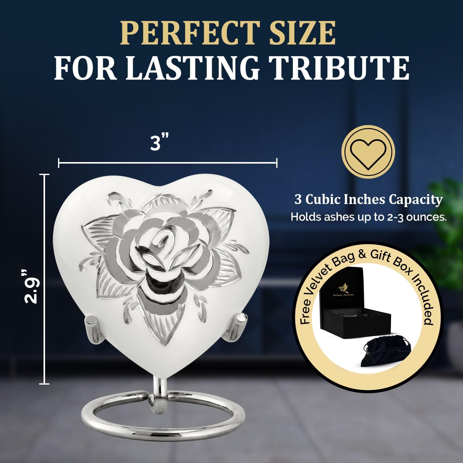Small Urns for Ashes for Women - Rose Keepsake Urn with Stand, Gift Box & Velvet Bag - Mini Memorial Heart urn for Loved Ones, Baby, Women & Men (Pearl White, Small)