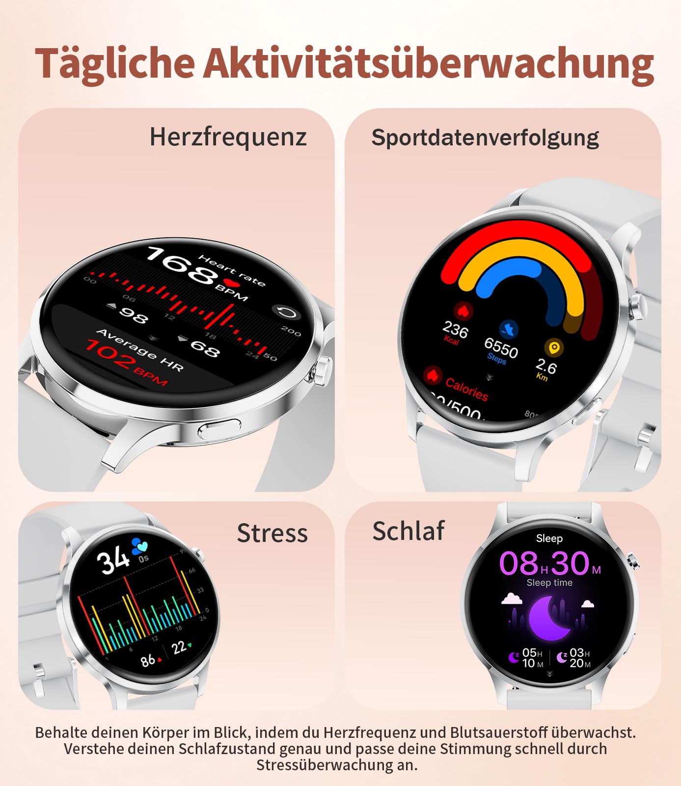 Smartwatch Damen mit Telefonfunktion, 1.32" AMOLED Fitnessuhr Smart Watch, 100+ Sportmodi Herzfrequenz Schlafmonitor Schrittzähler Uhr Damen, IP68 Wasserdicht Sportuhr für iOS Android (Silber)