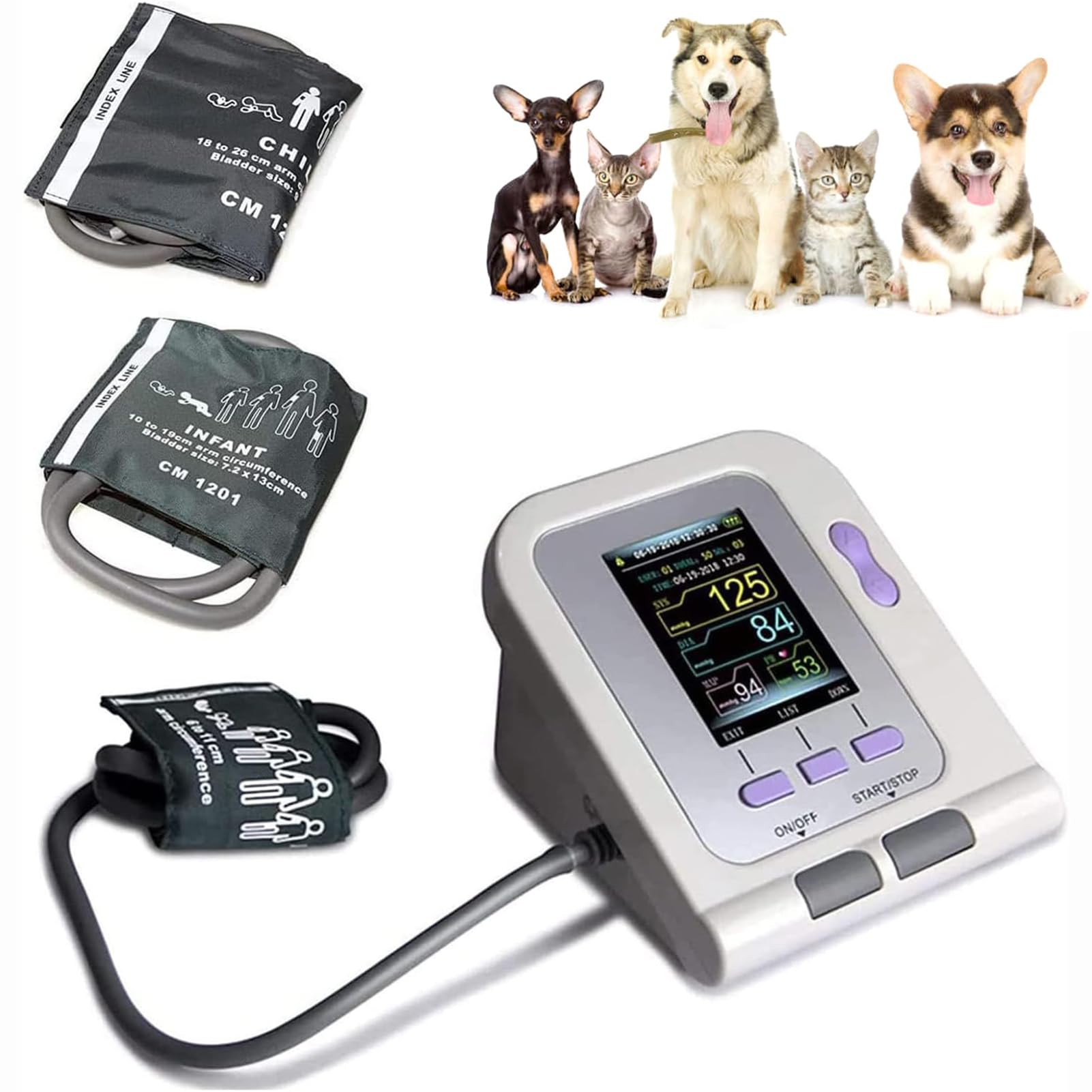 Ciśnieniomierz, automatyczny pomiar elektroniczny Sphygmomanom z 3 mankietami, wyświetlacz LCD 7.1 cm, cyfrowy weterynaryjny ciśnieniomierz dla psów, kotów, zwierząt domowych