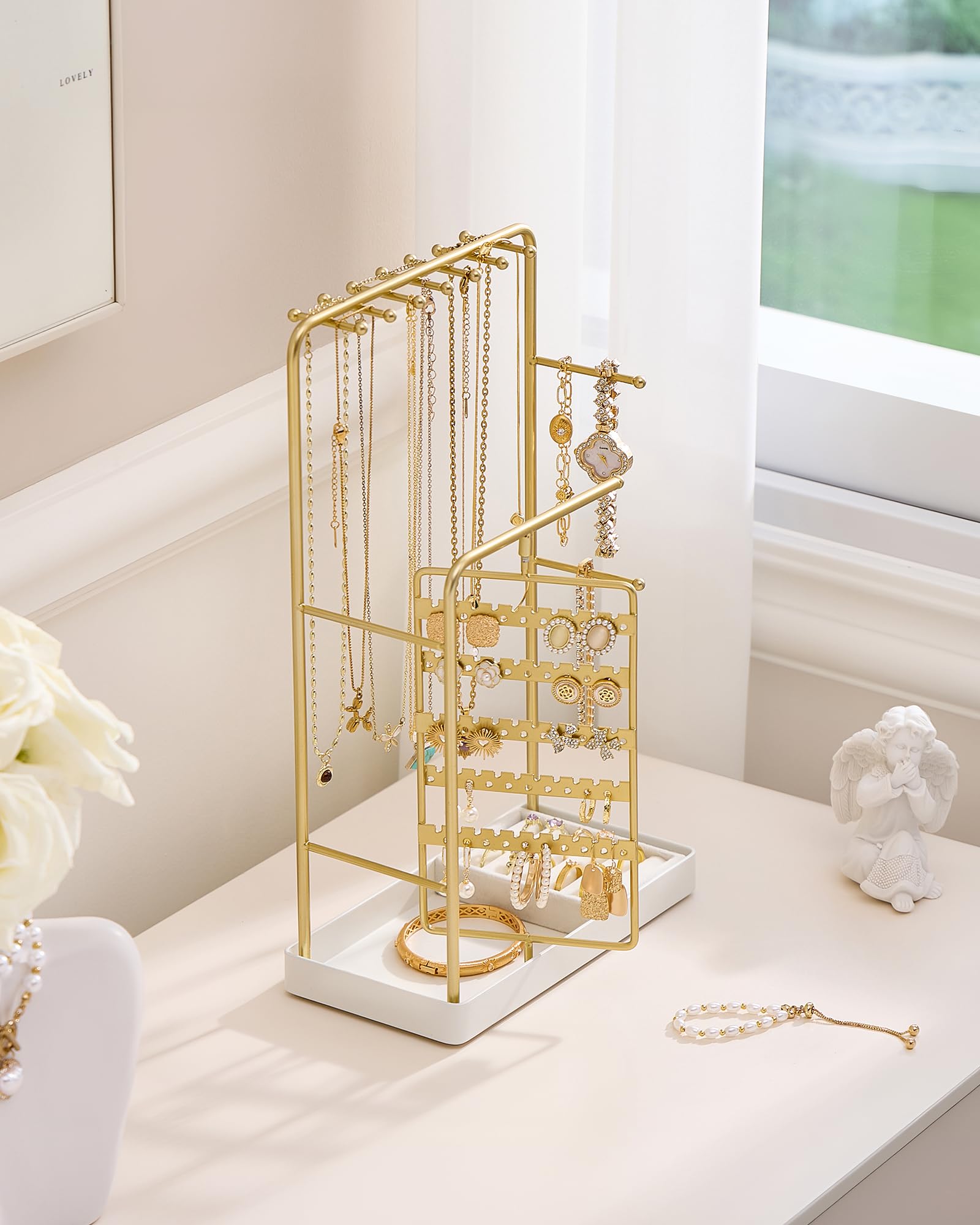 ProCase Jewelry Display Stand Holder, Jewelry Organizer and Storage with Velvet Ring Tray, Rotating Earring Display Bracelet Necklace Holder, Aesthetic Gifts Room Dorm Decor for Teen Girls -Gold