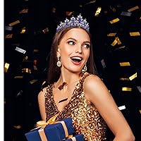 Vista 6 de SuPoo Kit de corona y banda de cumpleaños, tiara azul con diamantes de imitación y peine, banda con purpurina, diadema de cristal para mujeres