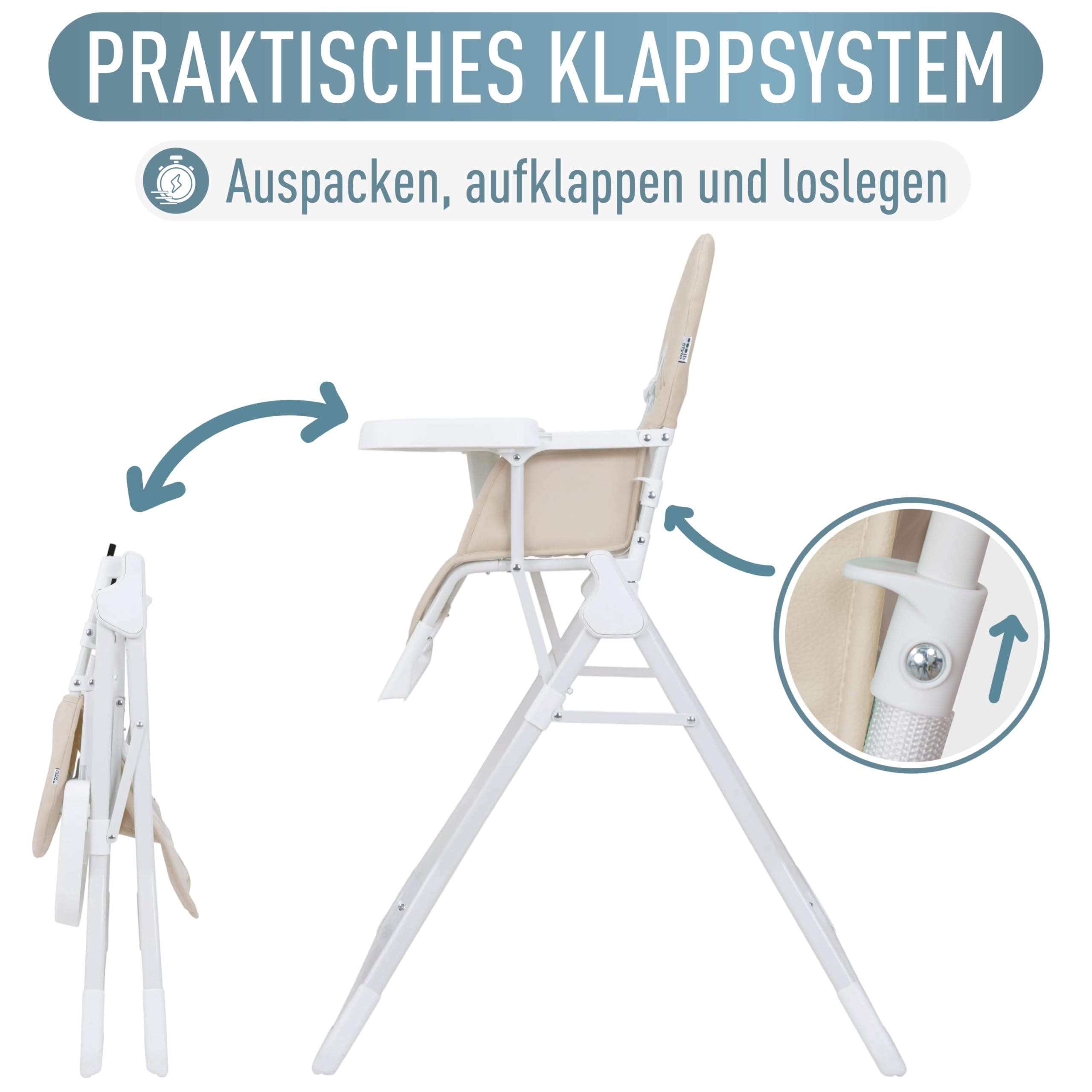 IB STYLE Baby Hochstuhl Leno - Kinderhochstuhl Klappbar & Platzsparend, Mitwachsend mit Tablett & Fußstütze, 5-Punkt-Gurt, Weiche Polsterung, Abwischbar, ab 6 Monate bis 3 Jahre (15kg), Sand
