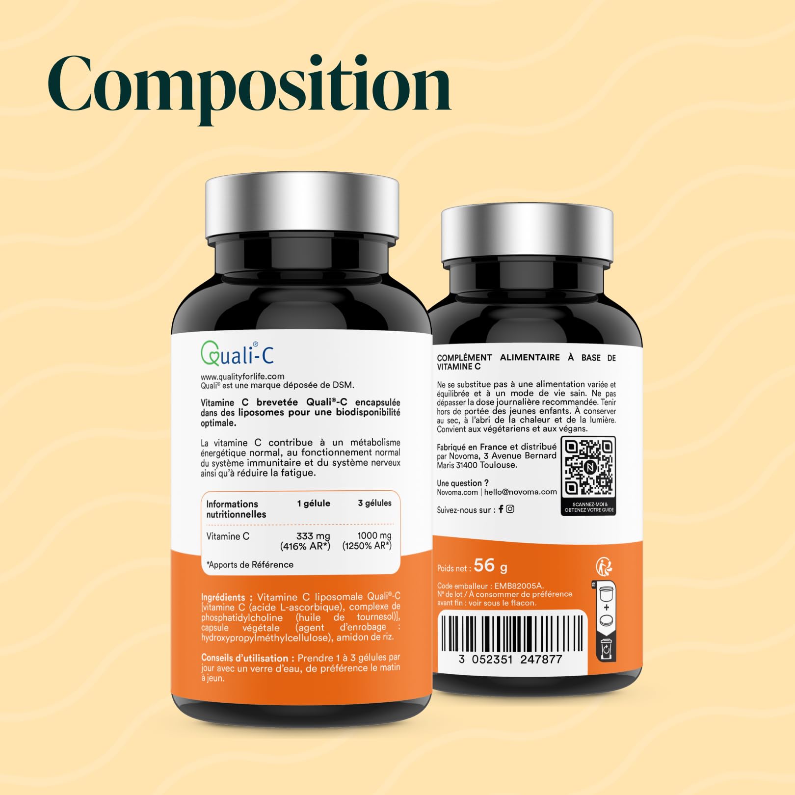 NOVOMA Vitamine C liposomale 1000mg, Assimilation Maximale, 90 gélules végétales, 100% Vitamin Quali®-C, Système Immunitaire & Énergie Naturelle, Cure de 1 mois, Fabriqué en France