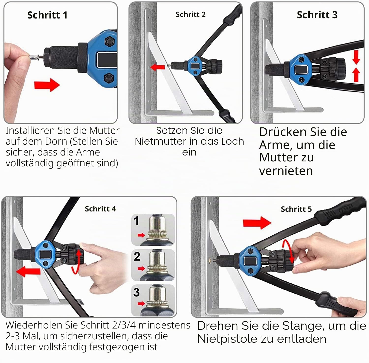 Handnietwerkzeugsatz, 33 cm lange Griffe mit 7 metrischen Dornen und 110 Nietmuttern von M3 bis M12