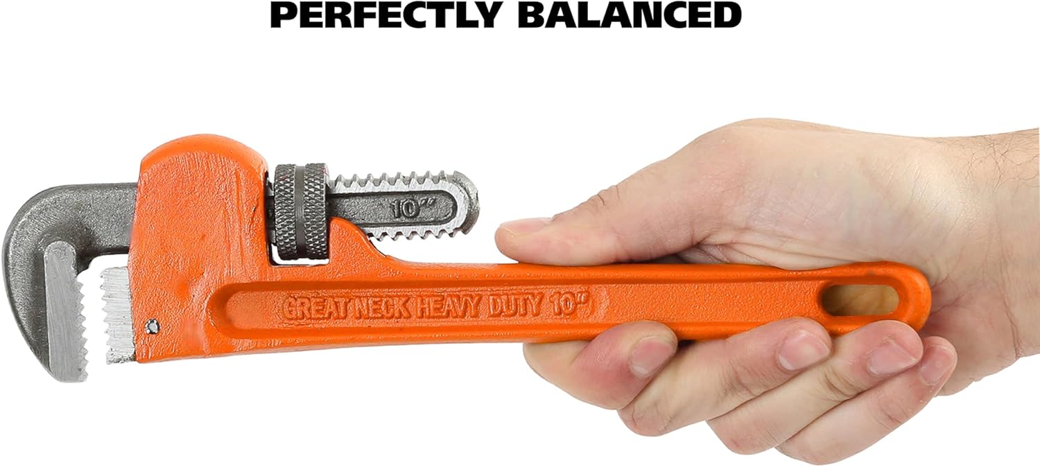 GreatNeck PW10 Pipe Wrench | Quality Home & Automotive Tool | Well Balanced Wrench | Steel Construction | Adjustable Jaws | Red, Gray, & Silver