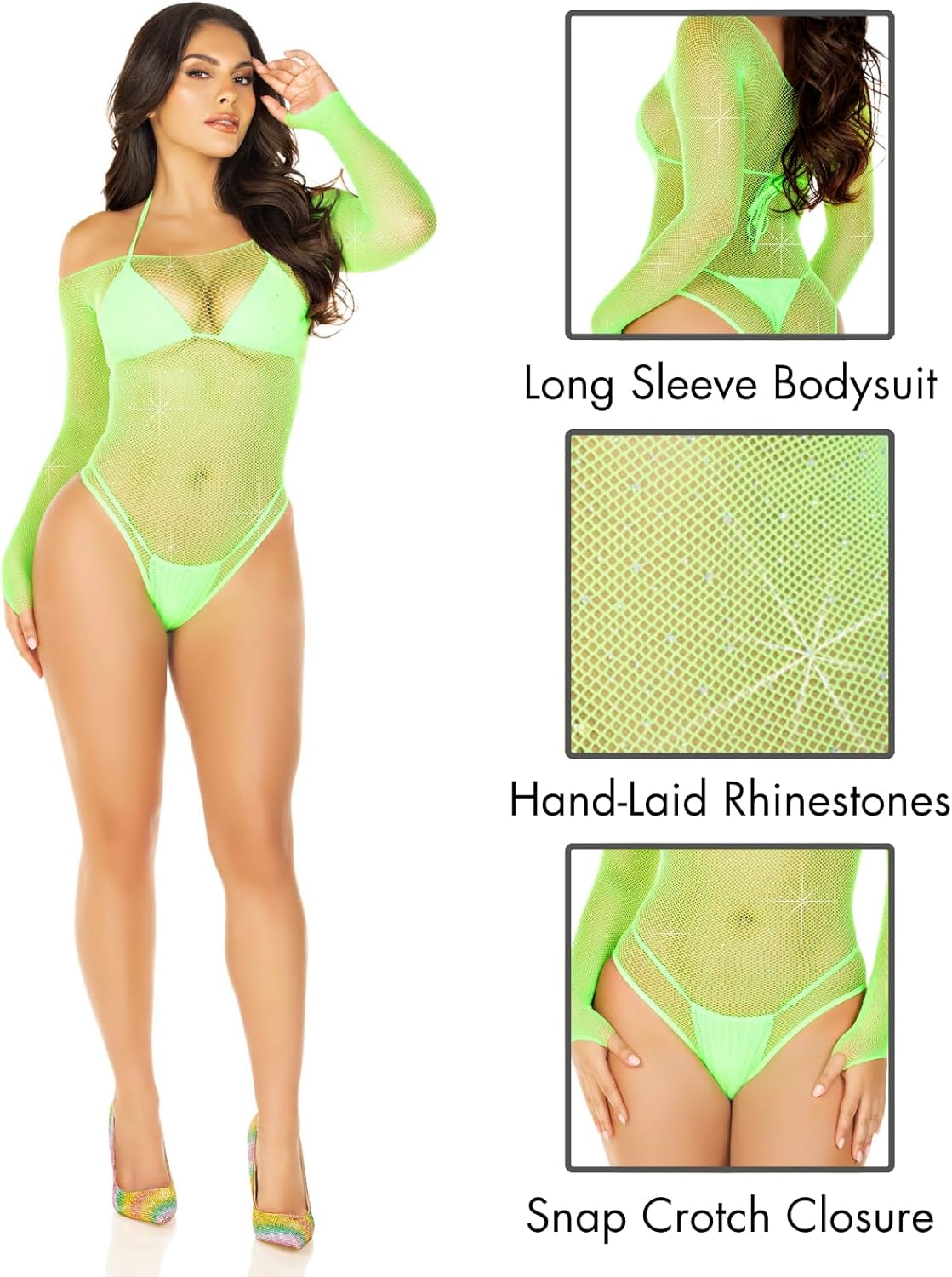 Leg Avenue Women's Rhinestone Lingerie Long Sleeve Fishnet Bodysuit for Women with Snap Crotch