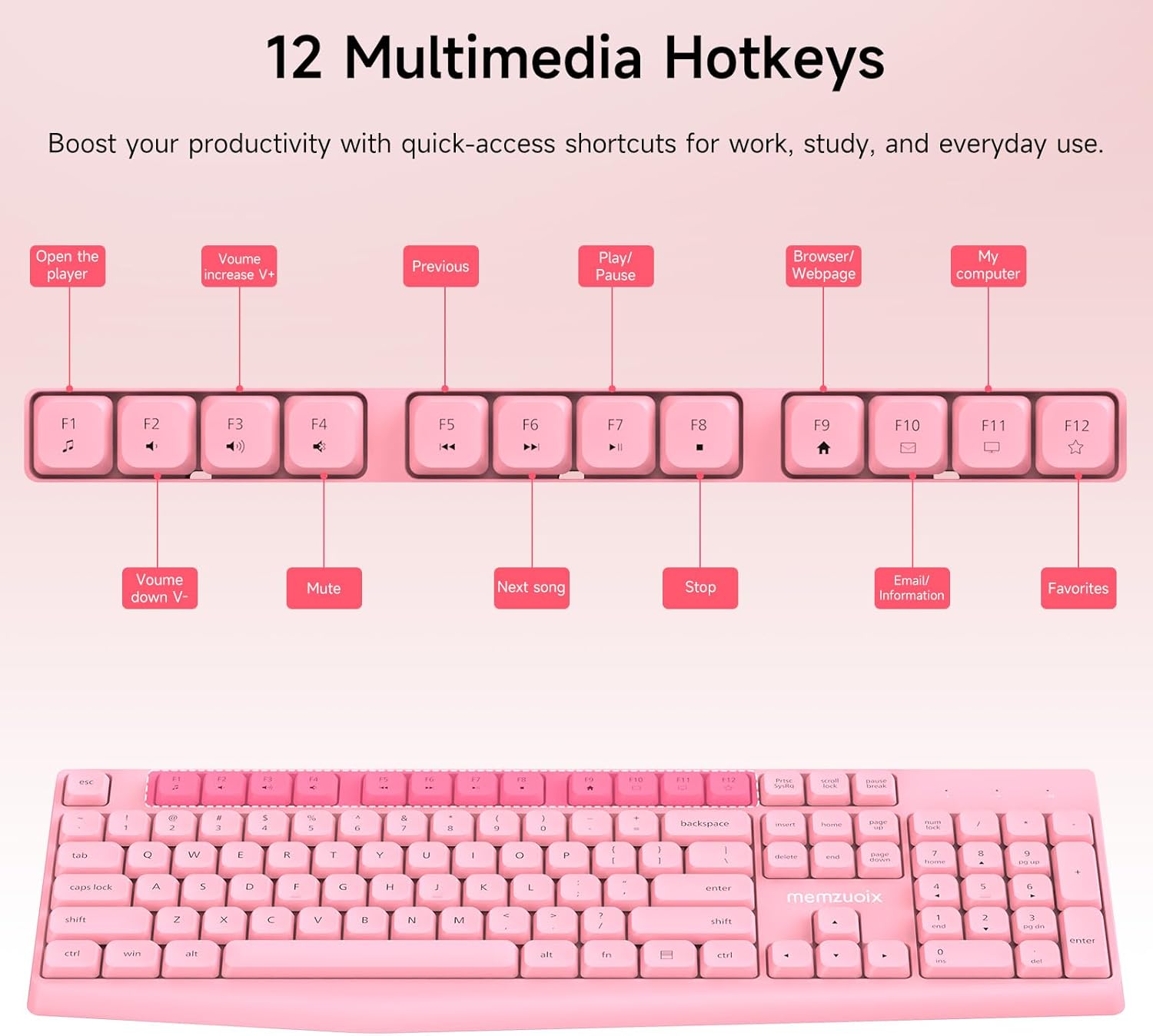 memzuoix Wireless Keyboard Mouse Combo - 2.4G Full-Size Ergonomic Set with USB Receiver for PC Laptop Windows Mac (Pink)