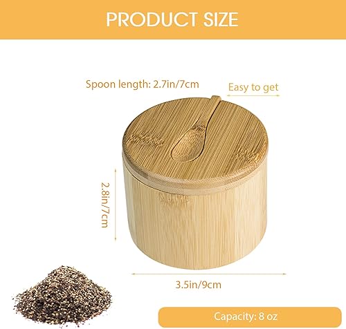 Miniatura 7 de Prefdo Caja de bambú para sal y pimienta con tapas, bodega de sal dividida con tapa giratoria y mini cuchara, contenedores de almacenamiento de