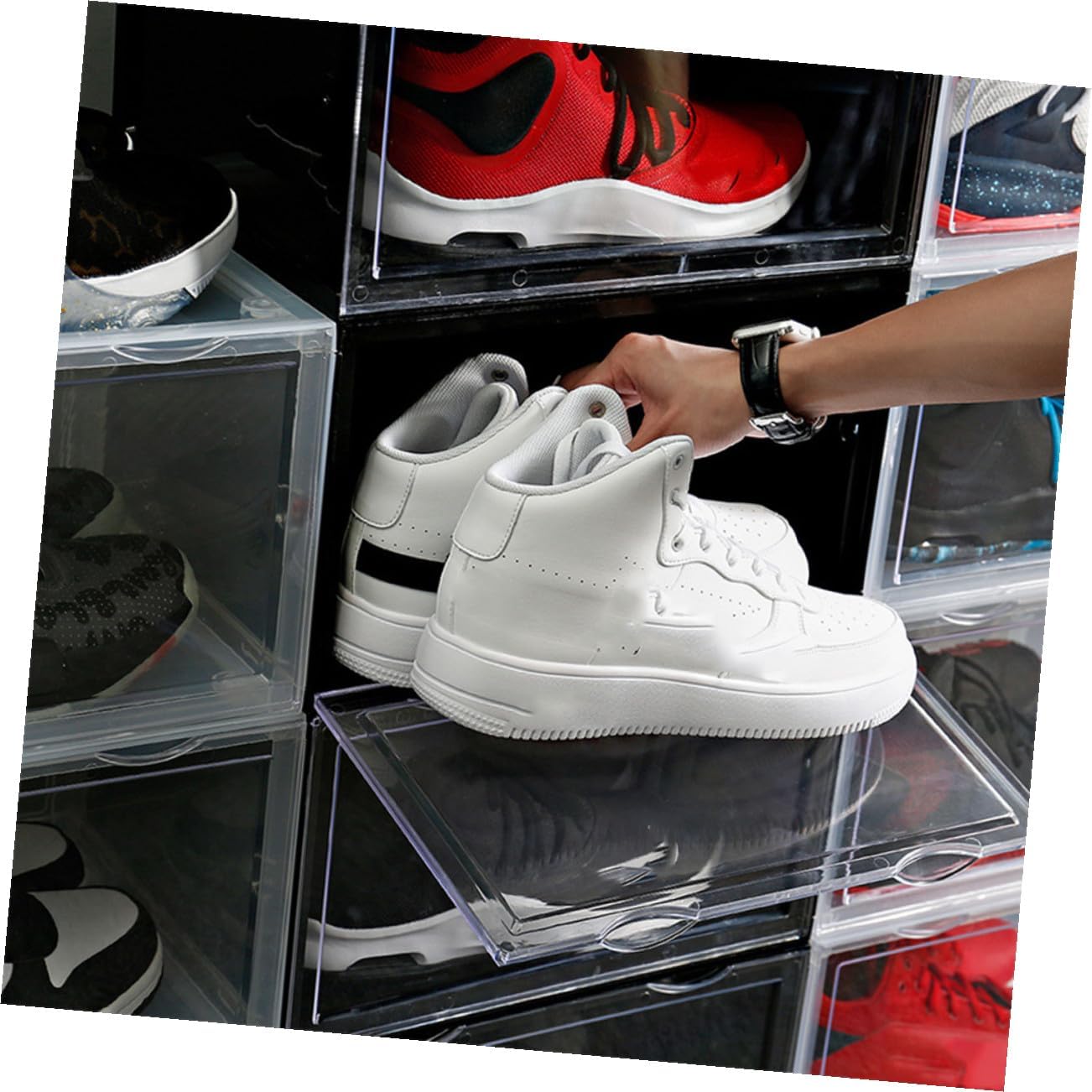Shoe Box with Dustproof Buckle Lock Stackable Shoe Storage Container for Home Closet Organization for Sneaker and Boot Storage