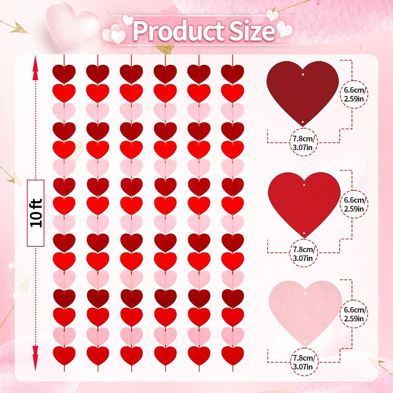 Felt Heart Garland Garland, 96 Pre-Strung Hearts in Red Pink Burgundy, Valentine's Day Decorations 6-Pack, Ready to Hang for Party Wedding