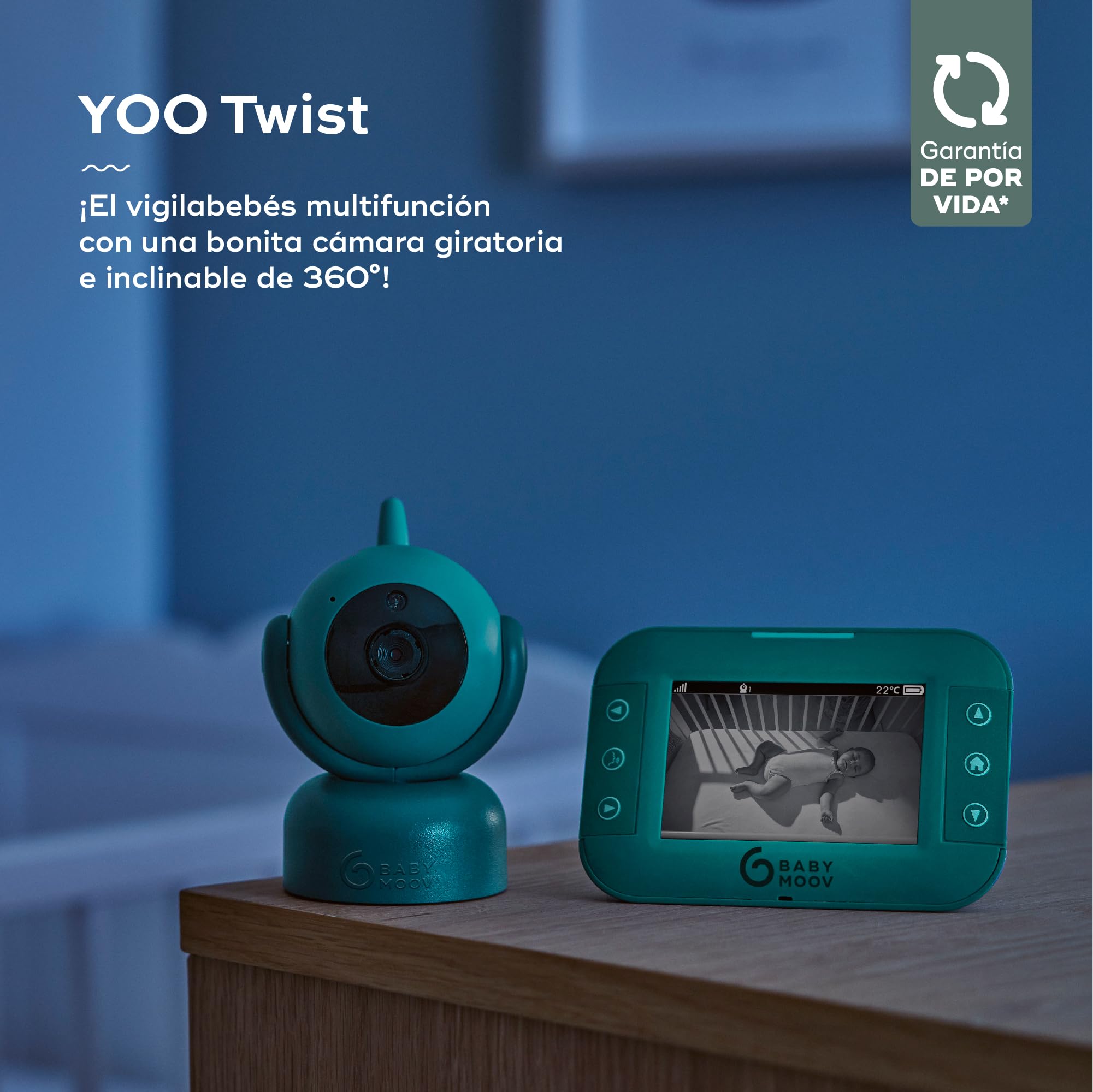 Babymoov YOO Twist Vigilabebé con Cámara Motorizada - Pantalla LCD Color de 4.3" - Visión Nocturna - Rotacion 360° - Lamparita y Nanas - Alcance 300 m