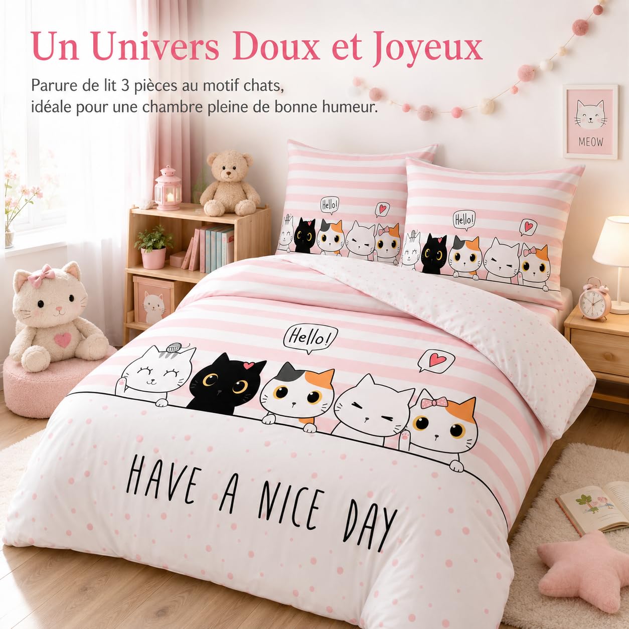 Housse de Couette 140x200 cm Enfant Chat Rose Parure Lit 1 Personne | Parure Fille Réversible Imprimée avec 2 Taies 65x65 cm, Motif Chaton Mignon à Rayures, Microfibre Douce avec Fermeture Éclair