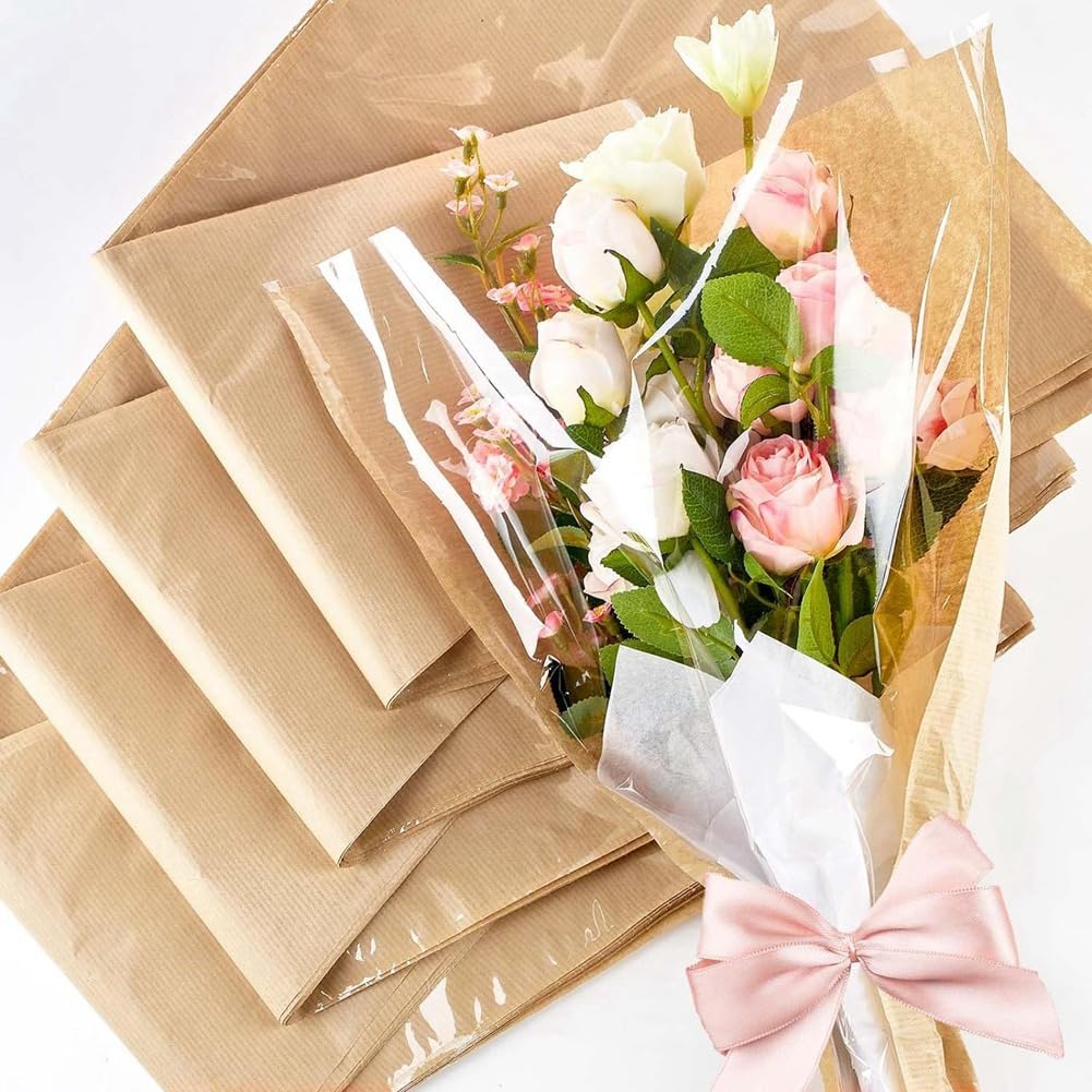 Gilprop Blumenverpackungstüten – 100 Stück Kraftpapier Mit Transparenter Folie | 42x24 Cm | Für Hochzeiten, Geburtstage & Geschenke