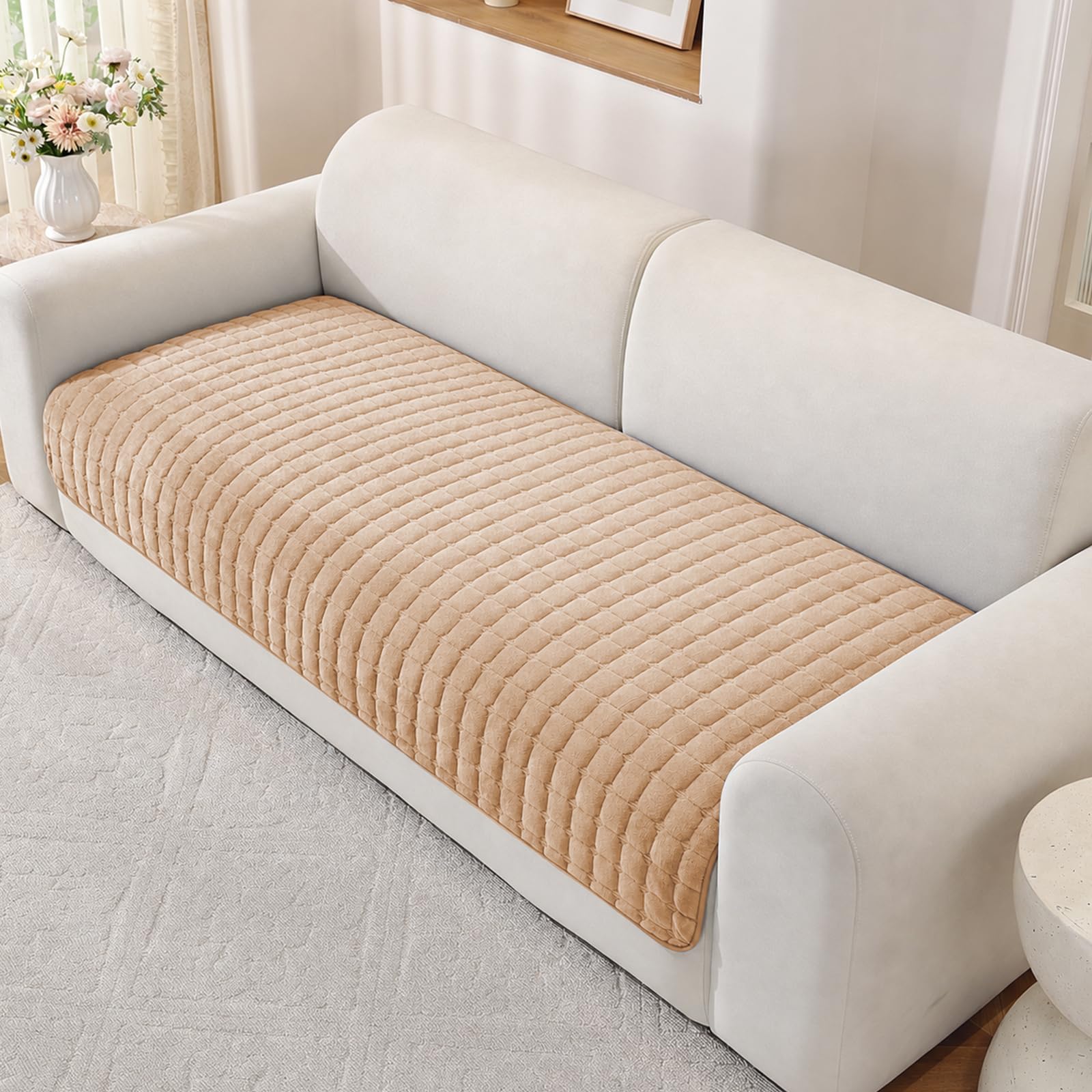XINEAGE Soft Flannel Sofa Covers, Non Slip Sofa Seat Covers Washable, Thick Sofa Covers 1 2 3 Seater Couch Covers for L Shape Sofa Slipcovers (90x240cm, Champagne)