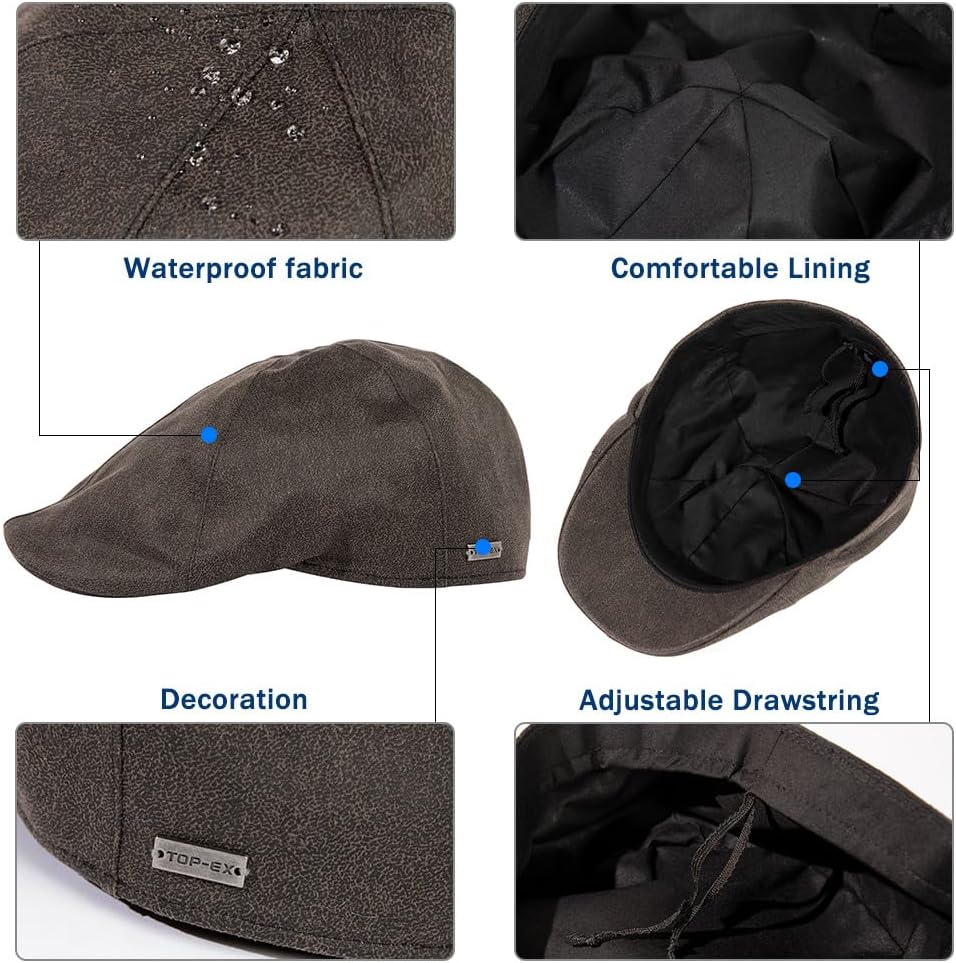 TOP-EX XL/XXL Faux Leather Waterproof Flat Cap for Men – Vintage Gatsby Irish Driving Hat, Winter Golf Newsboy Style - Image 4