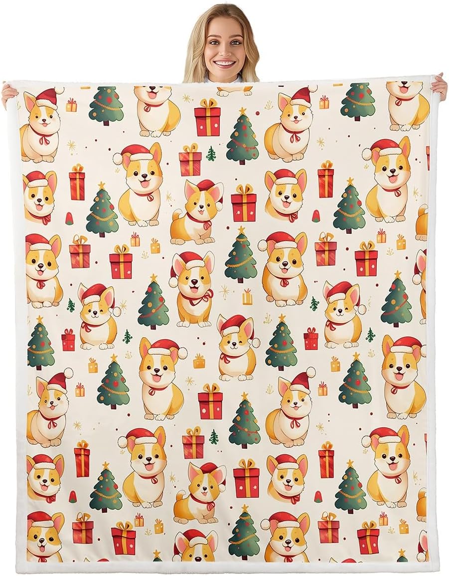Erosebridal Funny Christmas Dog Blanket Throw,Cute Pet Corgi with Xmas Hat Blankets and Throws Gifts for Kids Girls Boys,Christmas Tree Fleece Blanket Cartoon Animal Blanket 60"x80"