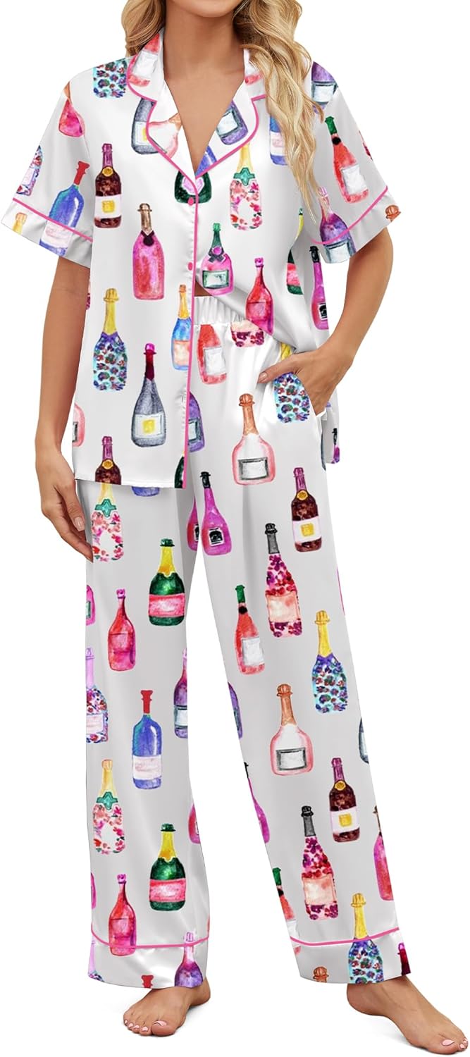 SHESHOW Satin Pajamas for Women Set Button Down Sleepwear Print Pjs Set 2 Piece Short Sleeve Long Loungewear Size XS-XXL