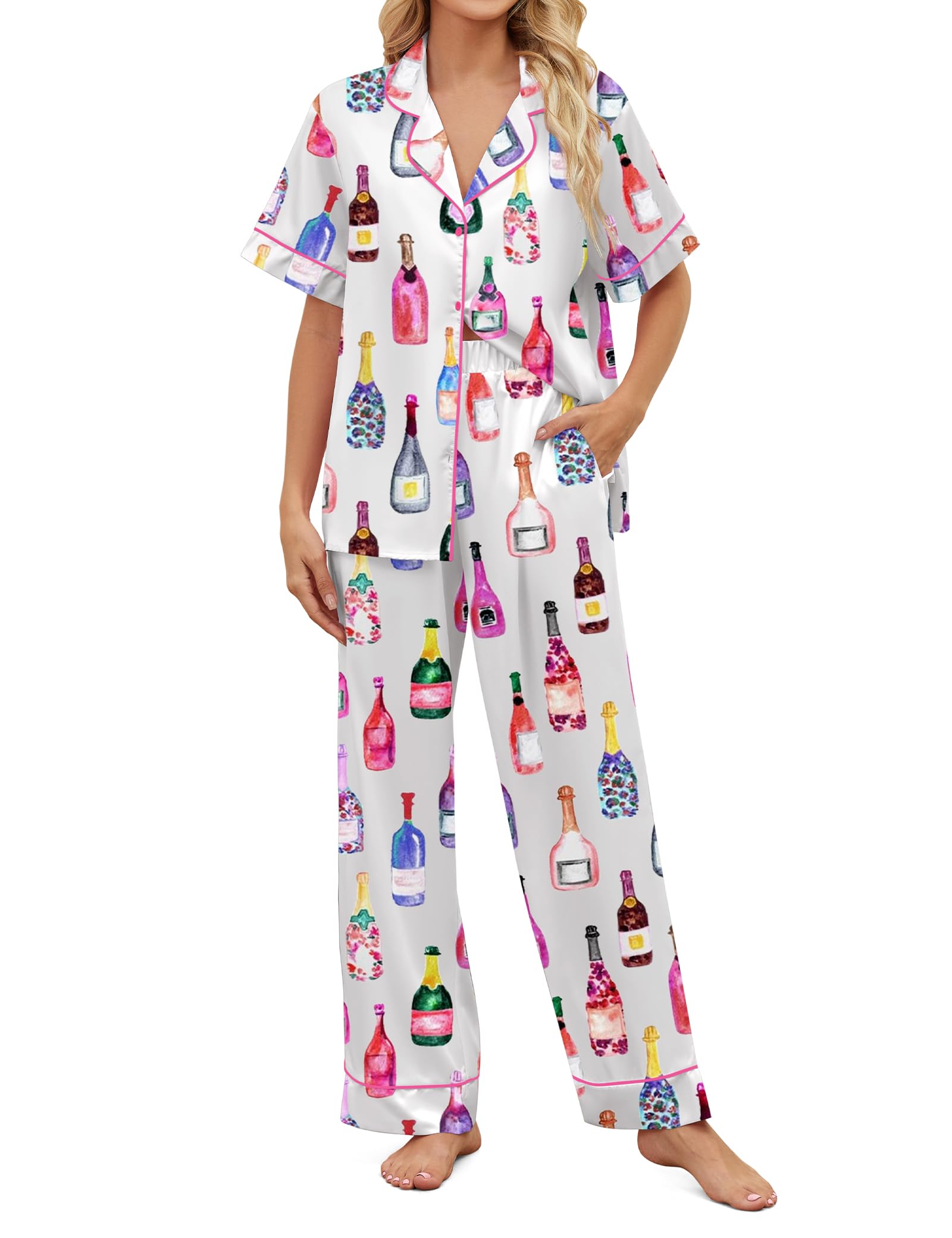 SHESHOW Satin Pajamas for Women Set Button Down Sleepwear Print Pjs Set 2 Piece Short Sleeve Long Loungewear Size XS-XXL