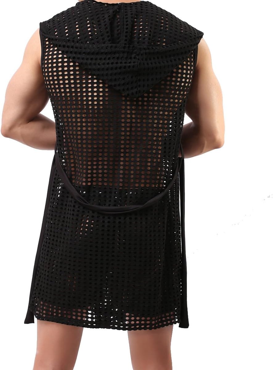 YUFEIDA Men's Sexy Hooded Sleeveless Robes Bathrobes Mesh See-Through Lingerie Sleepwear Pajamas - Image 3