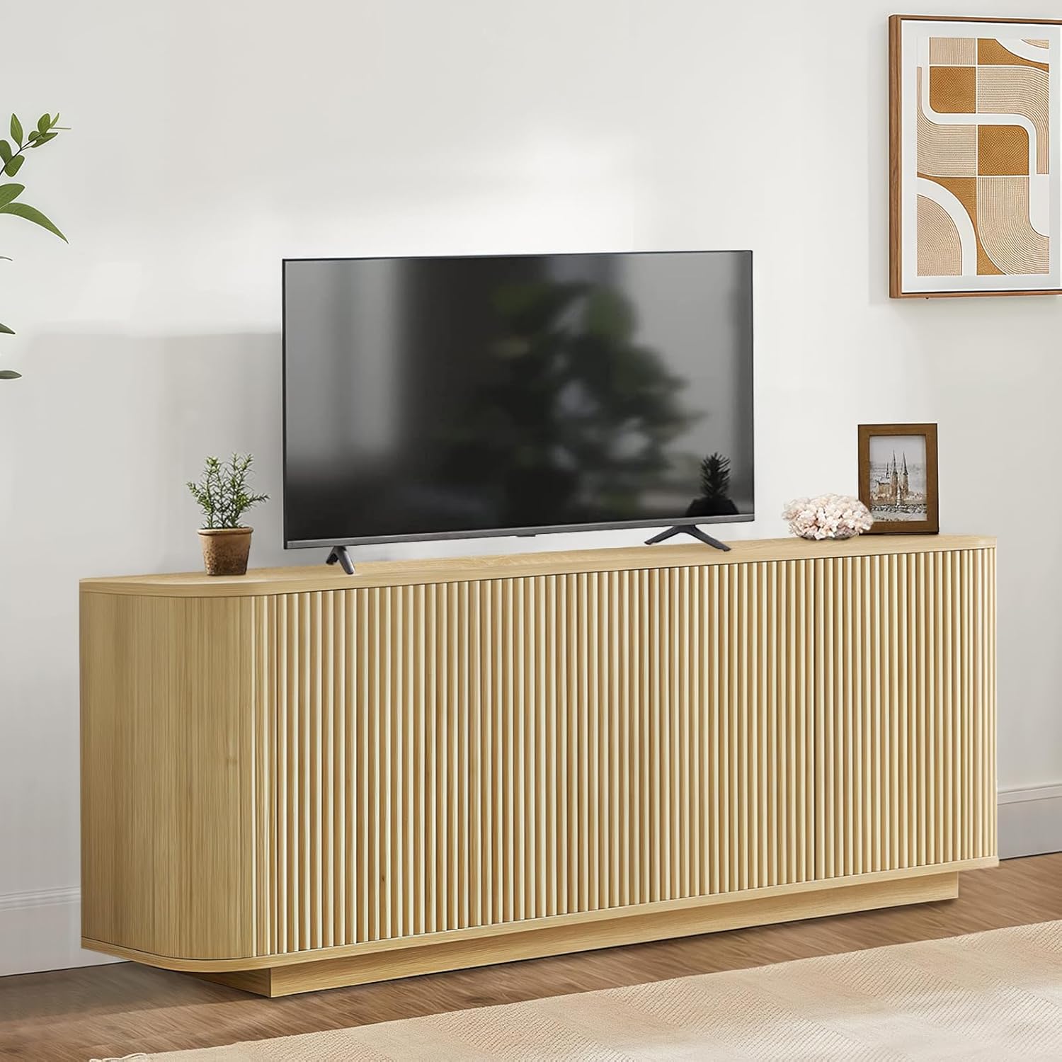 64" Fluted TV Stand for TVs up to 74 Inch, Modern Entertainment Center TV Console Media Console Credenza Table with Adjustable Shelves Pressed Spring for Living Room, Natural Oak