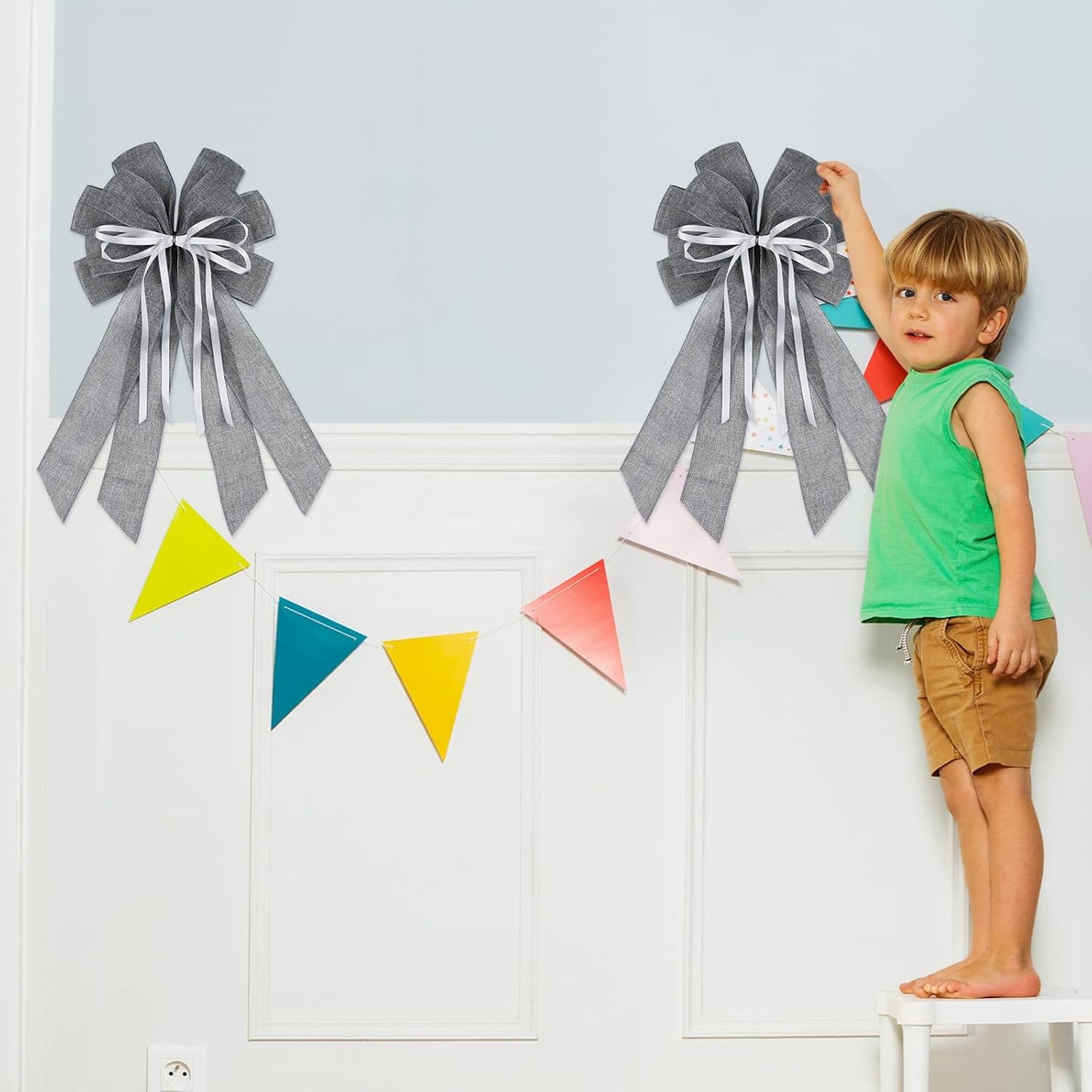 YKW Large Gray Burlap Bow for Wreath 20x11 Inch - Modern Farmhouse Front Door Decor Tree Topper Winter Holiday Decorations Indoor Outdoor Neutral Ornaments - Image 4