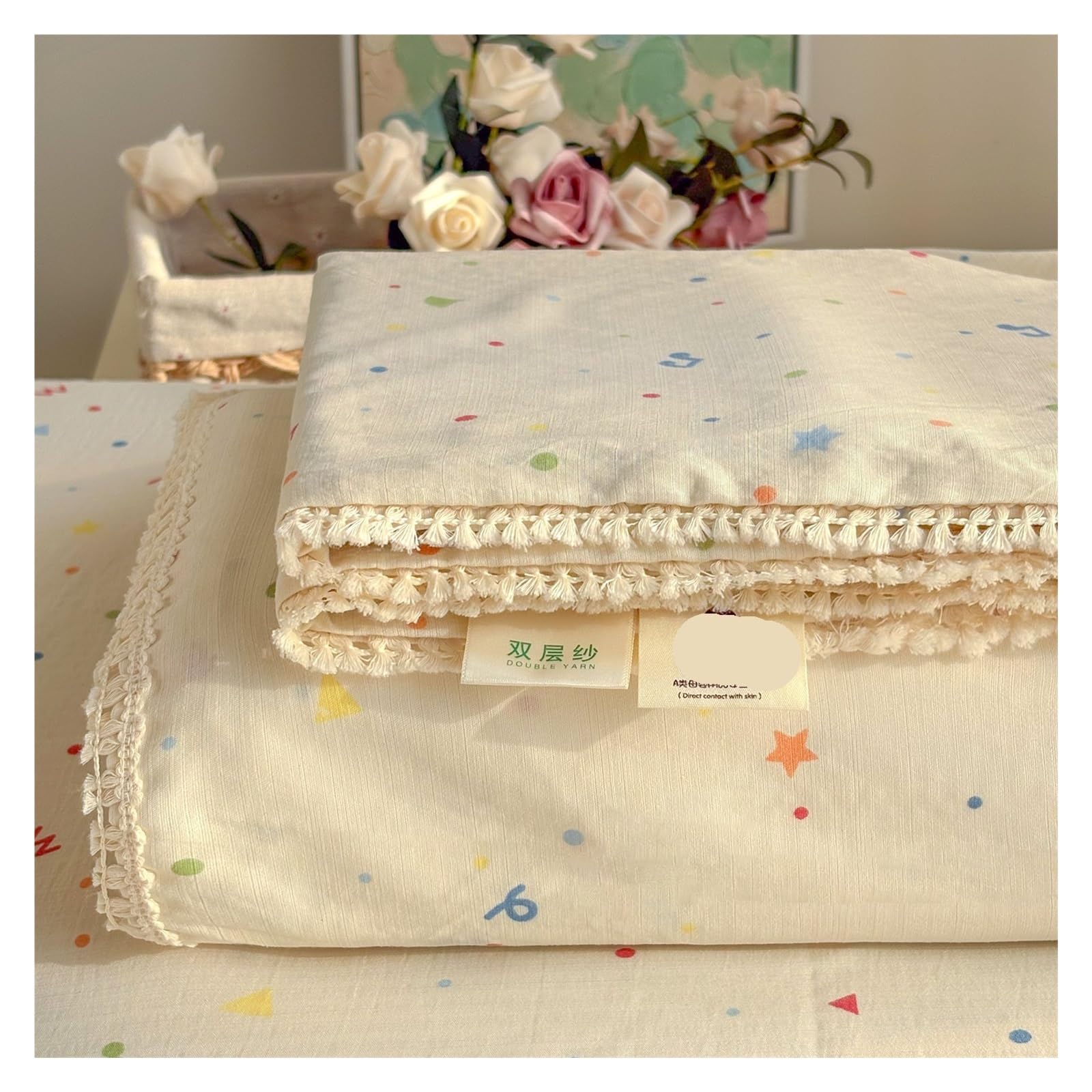 Spring Summer Floral Print Double Gauze Bed Sheet With Fringe Lace Trim(Icing,200x230cm Twin)