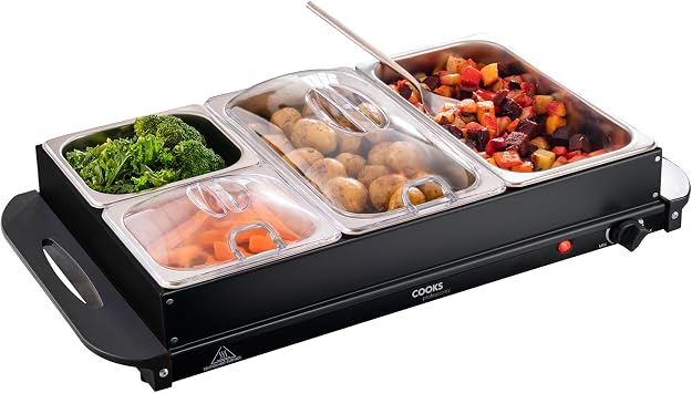Cooks Professional 4-Section Buffet Warmer 7.2 Litre Capacity with Hotplate Function & Adjustable Temperature Control Dial | 300W Portable Electric Food Serving Tray | Black