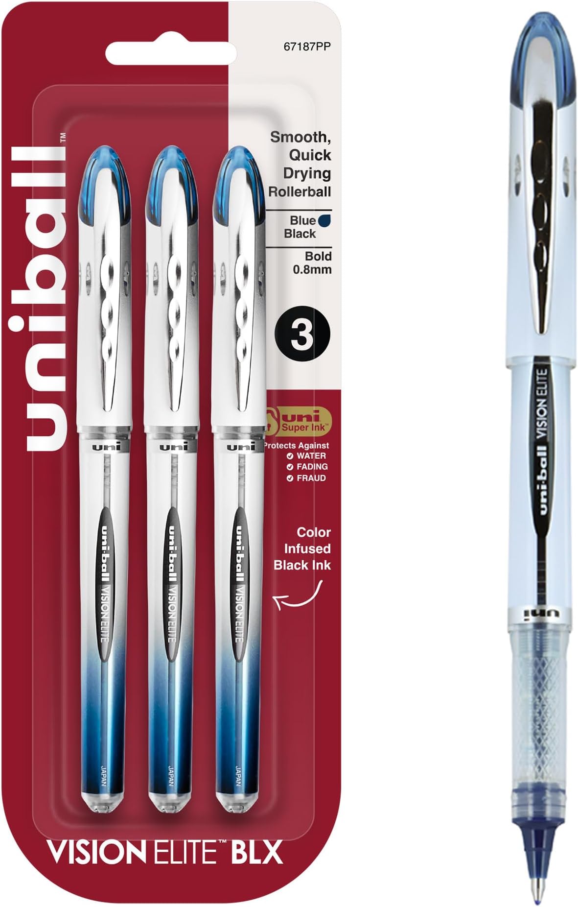 uniball Vision Elite BLX Rollerball Pens, Bold Point (0.8mm), Blue BLX Ink, 3 Pack