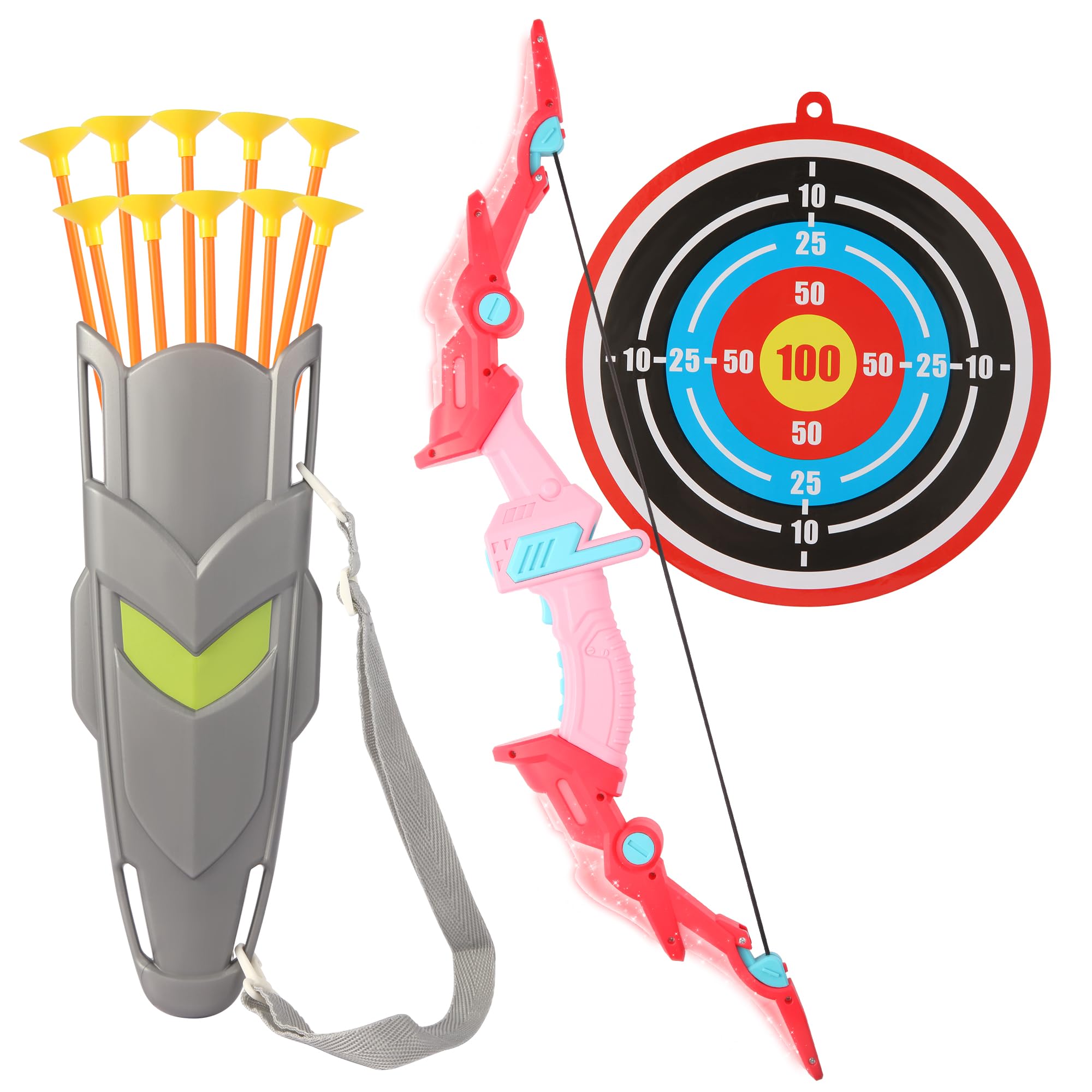 Kids Bow and Arrow Set,Kids Archery Set LED Light Up Archery Toy Set with 10 Suction Cup Arrows，Target & Arrow Case for Toys Kids, Boys & Girls Ages 3-12 in Indoor and Outdoor-Pink