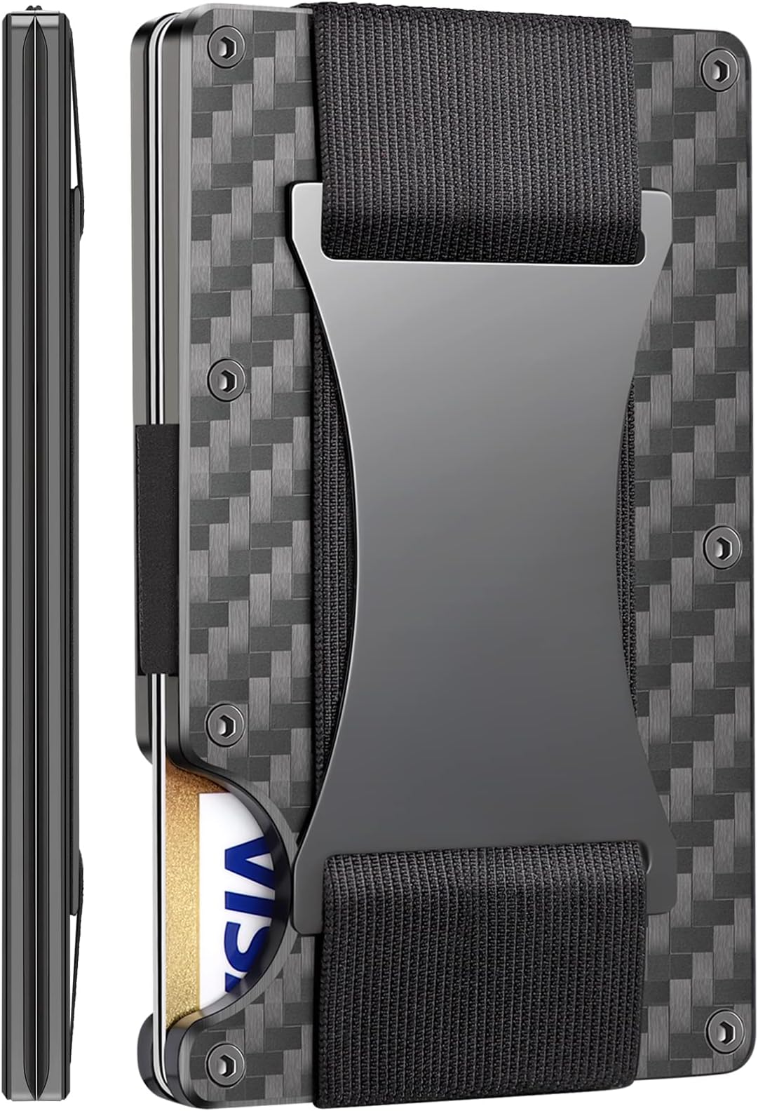 BREXFIREMinimalist Wallet for Men Carbon Fiber Card Holder Cash Strap RFID Blocking Slim Front Pocket EDC Metal Wallets