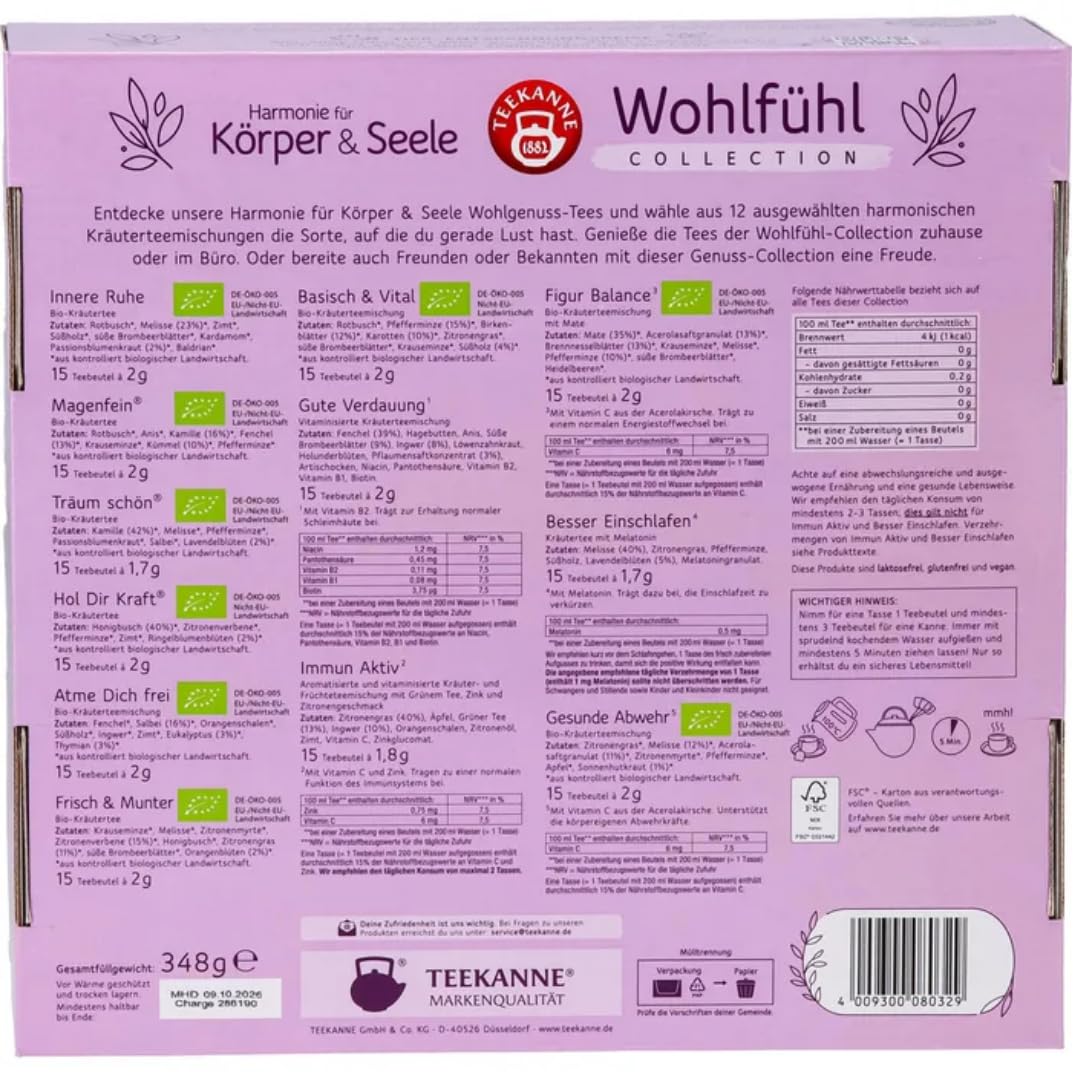 Teekanne Tee Wohlfühl Collection – 12 Sorten | 180 Teebeutel | Kräutertee Mischung – 348 g