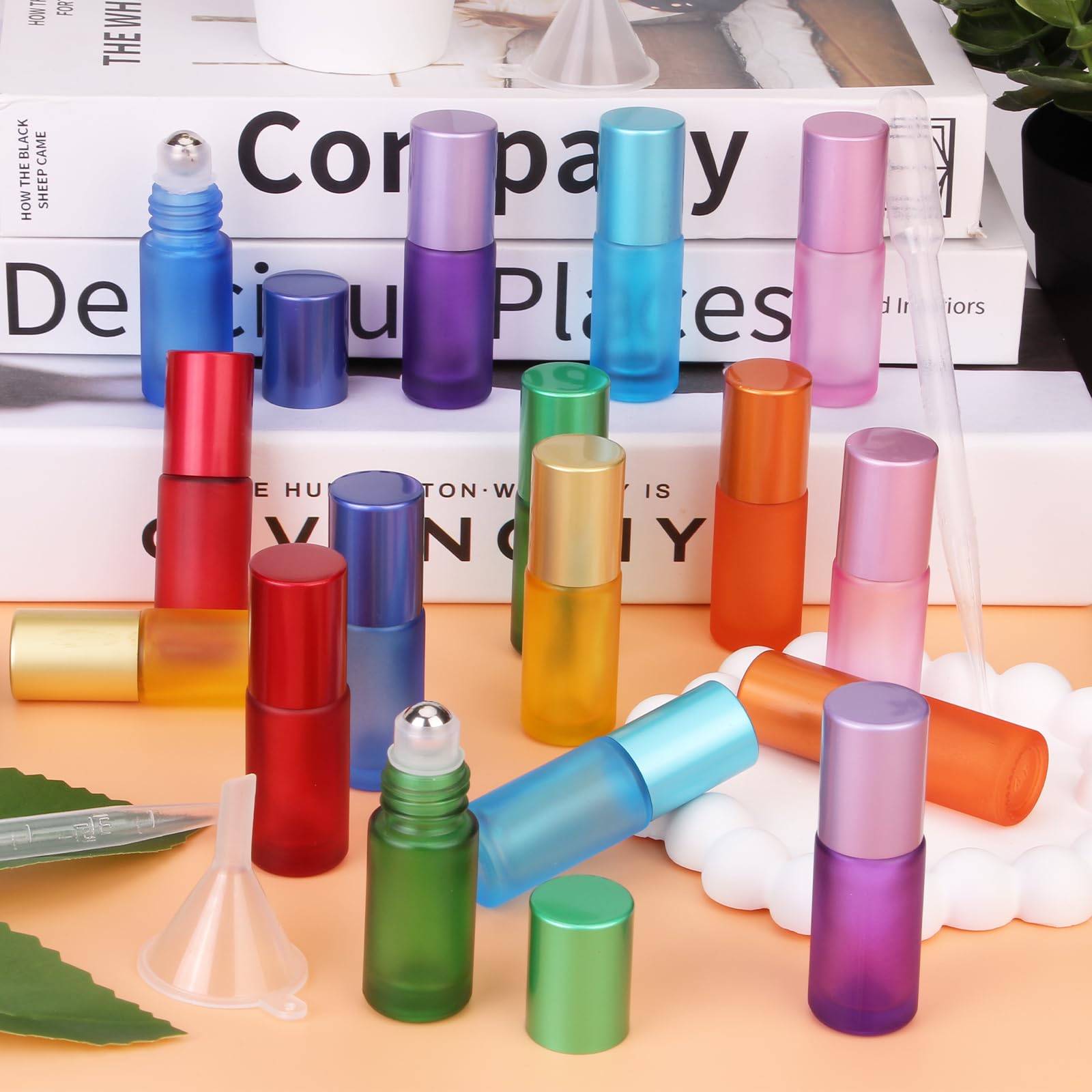 POFIBO 16 Stück 5ml Roll on Glasflaschen für ätherisches öl, Bunt Roll on Flasche Leer mit Edelstahl-roller Ball Kleine Glasroller Set für ätherische Öle, Parfüms, Aromatherap Gemische, Massage Kosmetik