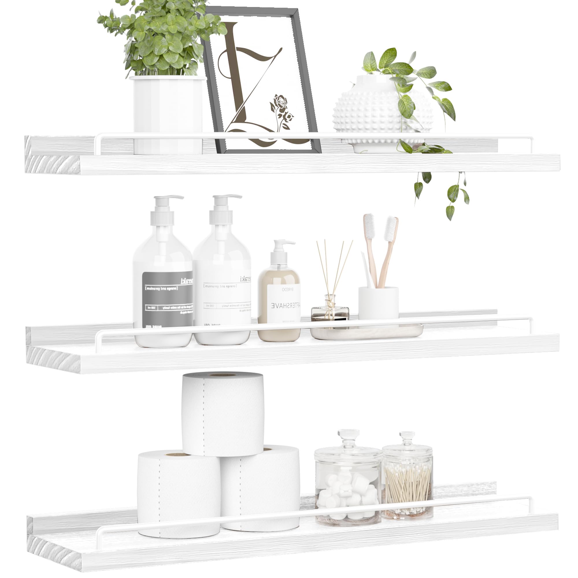 RYOFOBETTO 22 inches Long Floating Shelves, Bathroom Decor Shelves Over Toilet, Farmhouse Wall Shelves for Living Room, Bedroom, Picture Frames, Plants, Kitchen, Set of 3 (White), wsw899 — image 1
