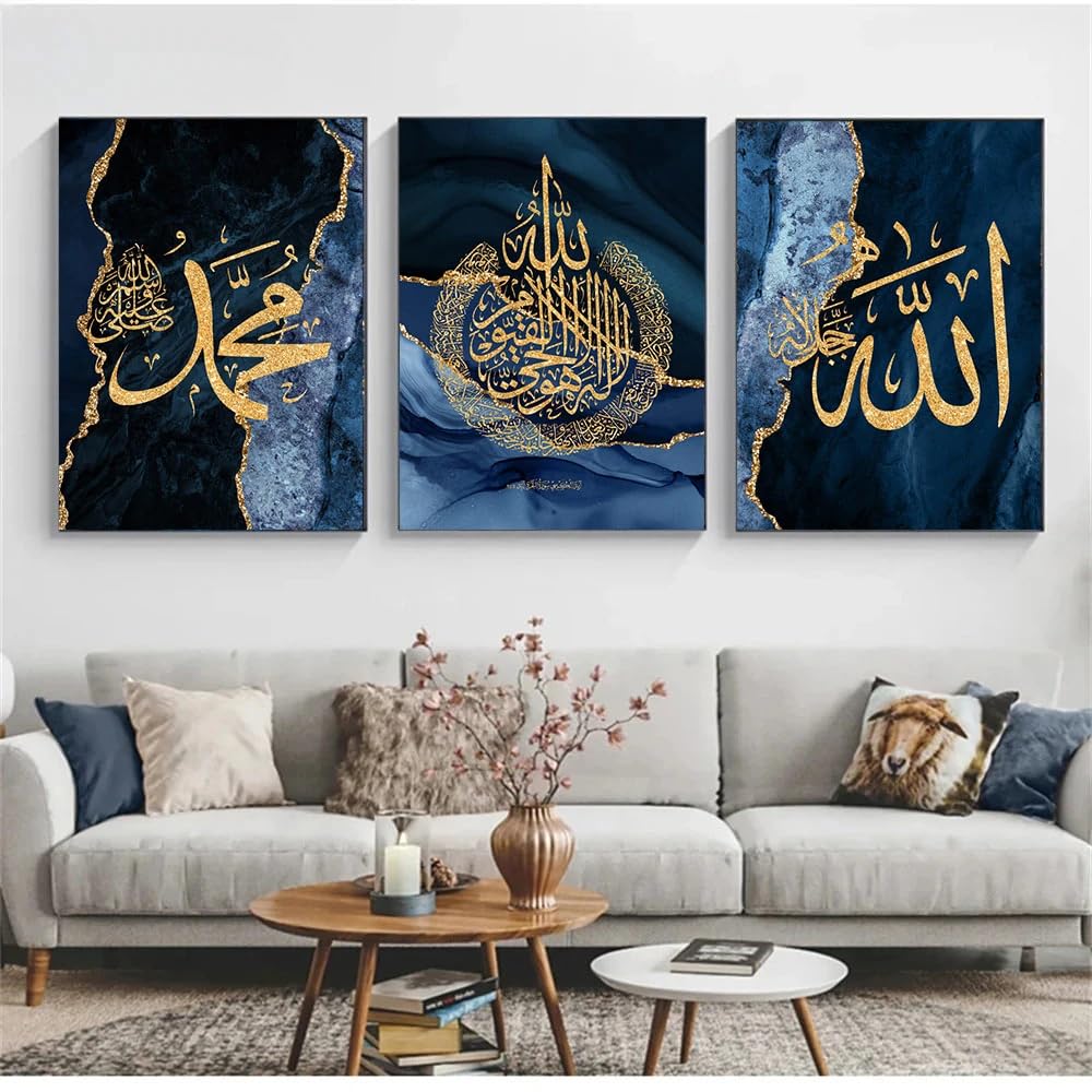 WBYZAC Set of 3/Abstract Islamic Calligraphy Posters Modern Gold Blue Marble Canvas Painting Wall Art Print Picture Living Room Interior Home Decoration-50 * 60cm (Unframed Print)