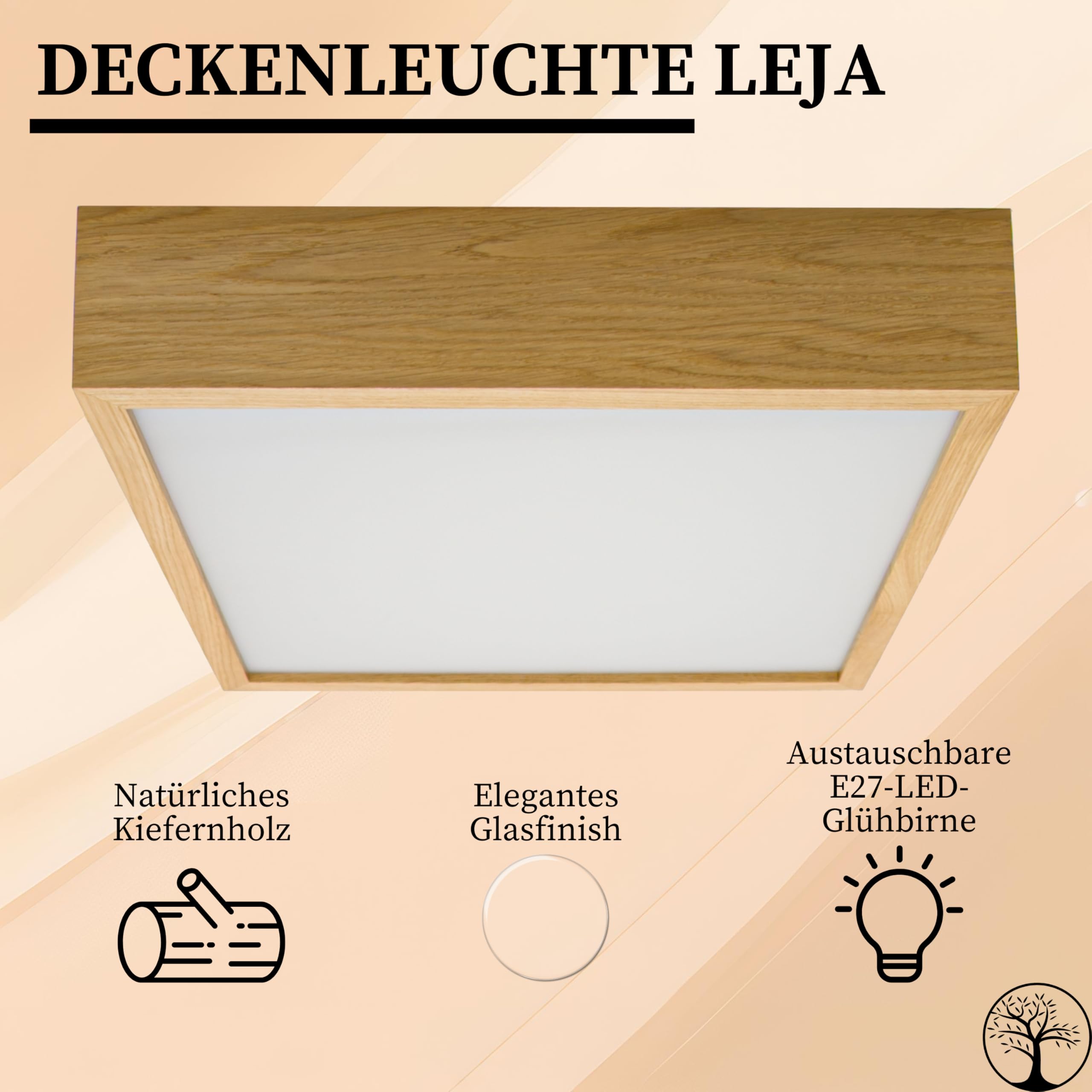 LEJA – Quadrat Deckenleuchte aus Holz & Glas, E27 Fassung, für Wohnzimmer, Küche, Bad, Schlafzimmer & mehr (Eiche, 38,5)