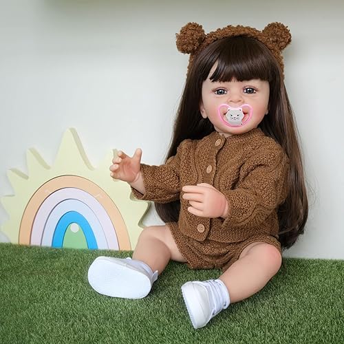 Miniatura 4 de TERABITHIA Muñeca de 22 pulgadas de largo con pelo liso y vivo Reborn en vinilo de silicona de cuerpo completo anatómicamente correcto, dulce