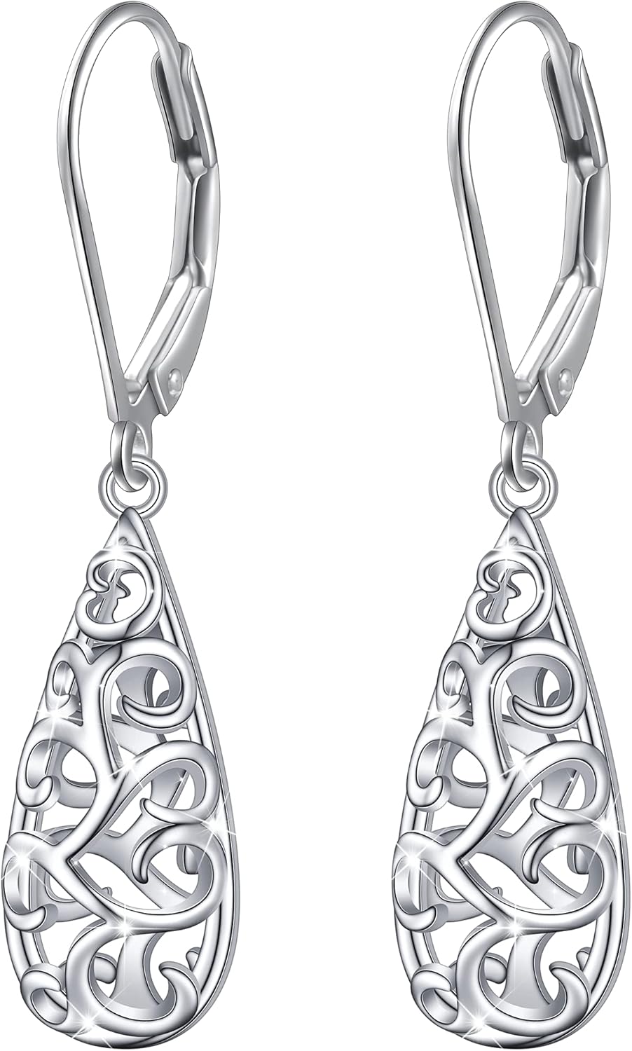Sterling Silver Leverback Dangle Earrings for Women Teardrop Filigree 14K Gold Plated Dangly Earrings Mother’s Day Gift