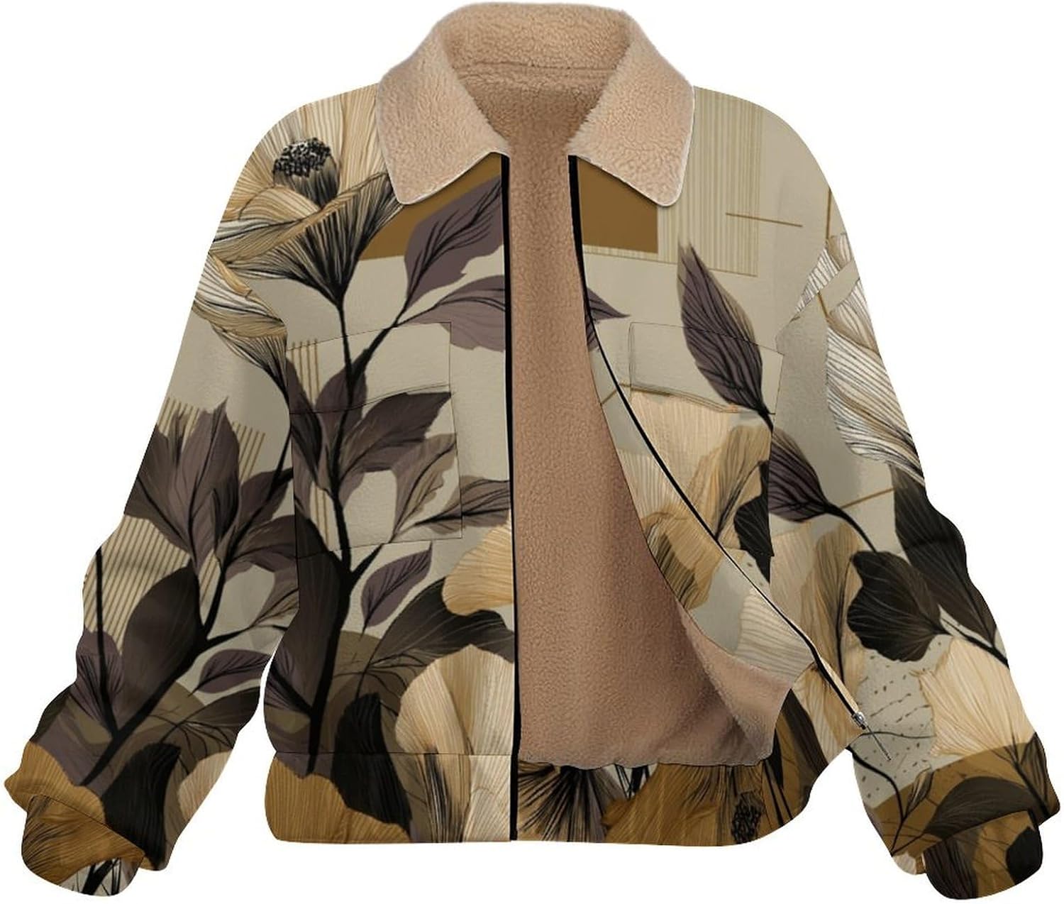 Women's Full Zip Soft Polar Fleece Jacket, Flowers geometry Printed Outdoor Recreation Coat, Long Sleeve Outerwear