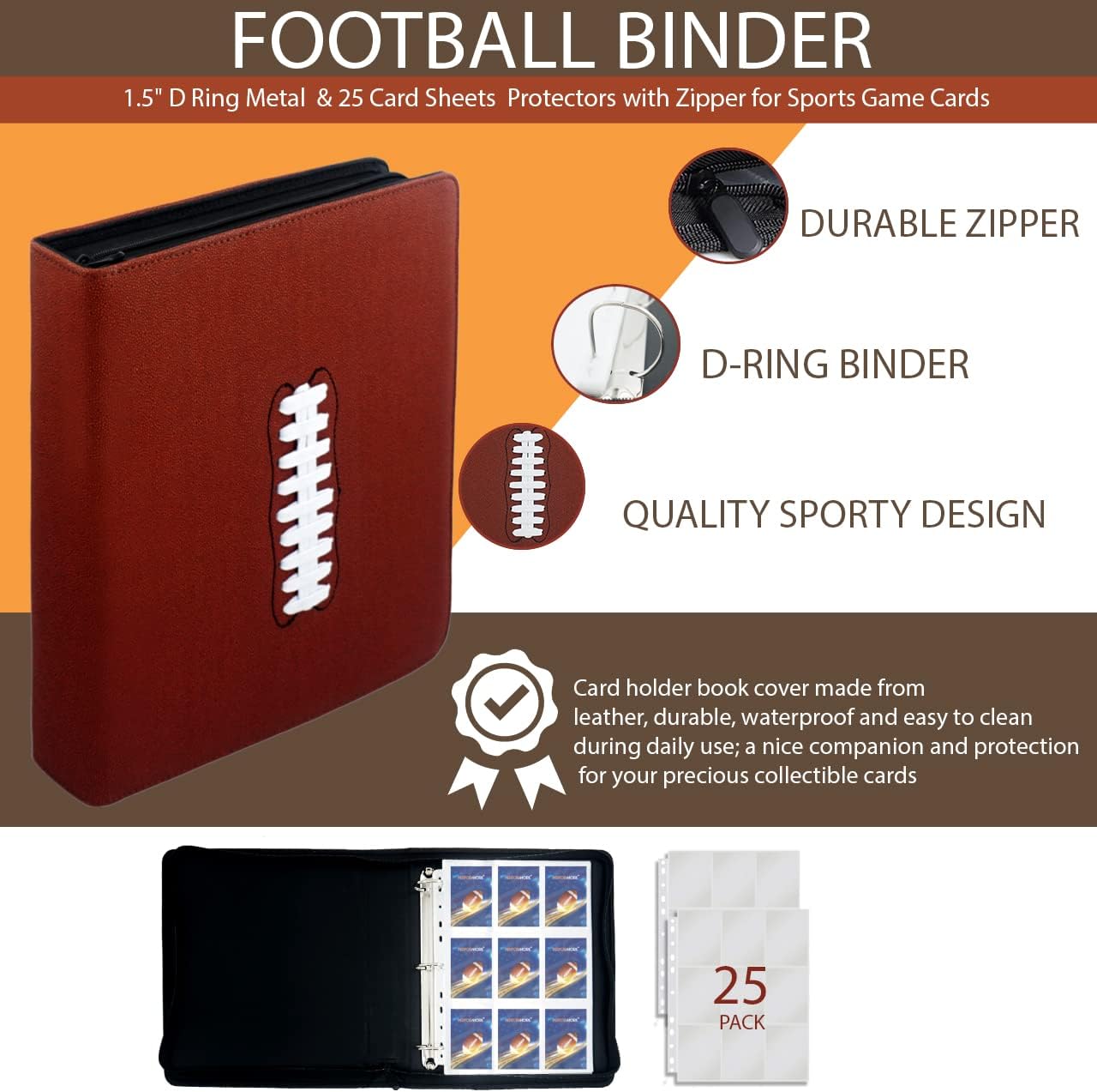 Football Card Binder with Sleeves, 450 Pockets – Sports Trading Card Organizer, 25 Premium 9-Pocket Sleeves, D-Ring Collector Album for NFL, Football-Themed, Acid-Free Pages, Performore, Brown
