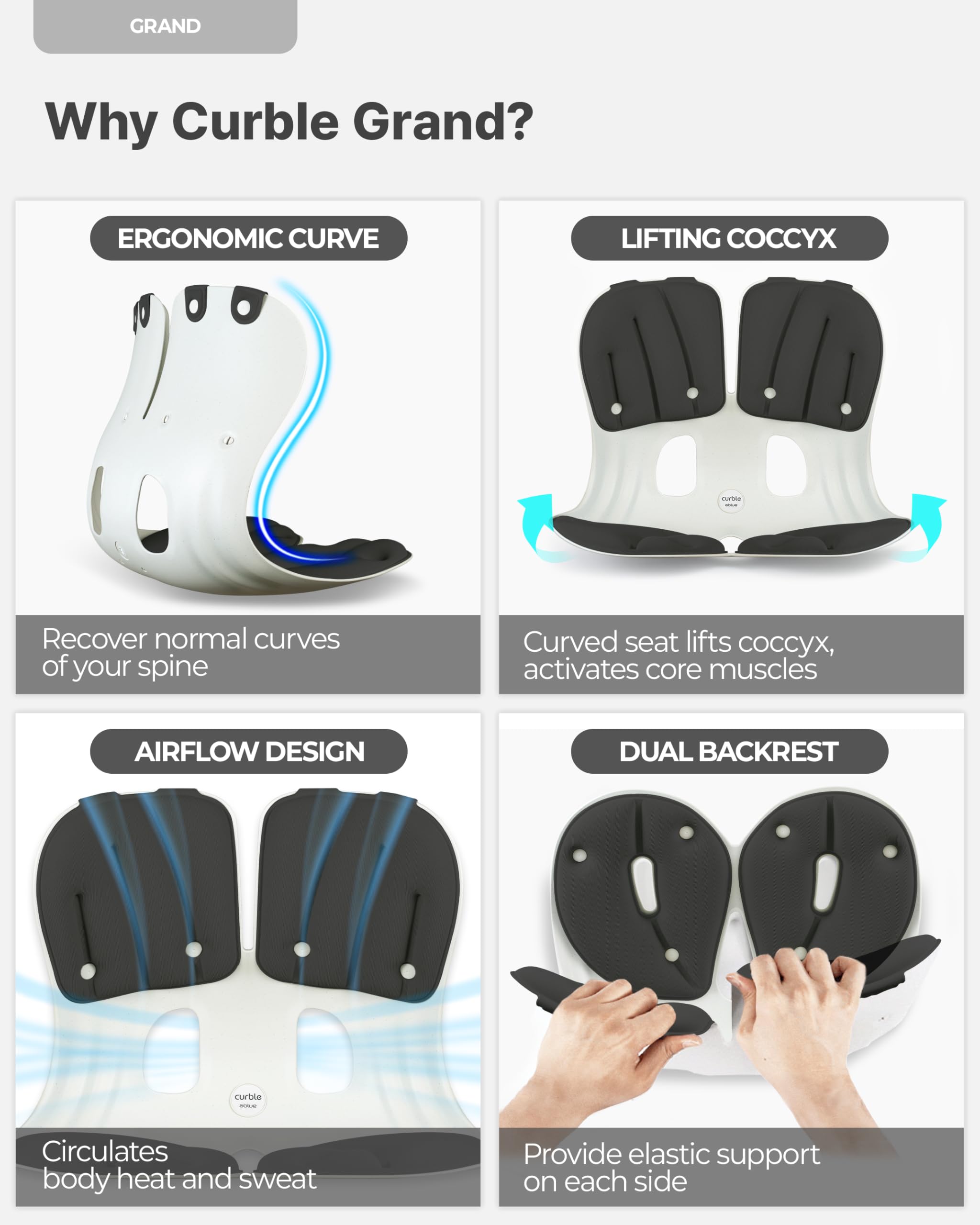 curble Ergonomiczne podparcie oparcia krzesła, podparcie lędźwiowe dla dobrej korekty postawy i łagodzenia bólu pleców, idealne na krzesło biurowe, siedzisko podłogowe i do pracy w domu, opatentowane