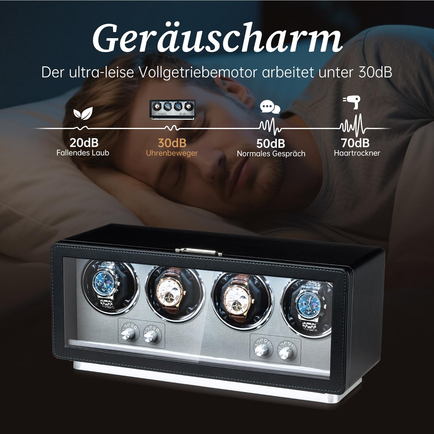 Mcbazel Rechteckige automatische Uhrenbewegerbox aus PU-Leder für 4 Uhren, ultraleiser Motor mit 4 Zifferblättern, LED-Lichtanzeige, 4 Rotationsmodi, Schwarz