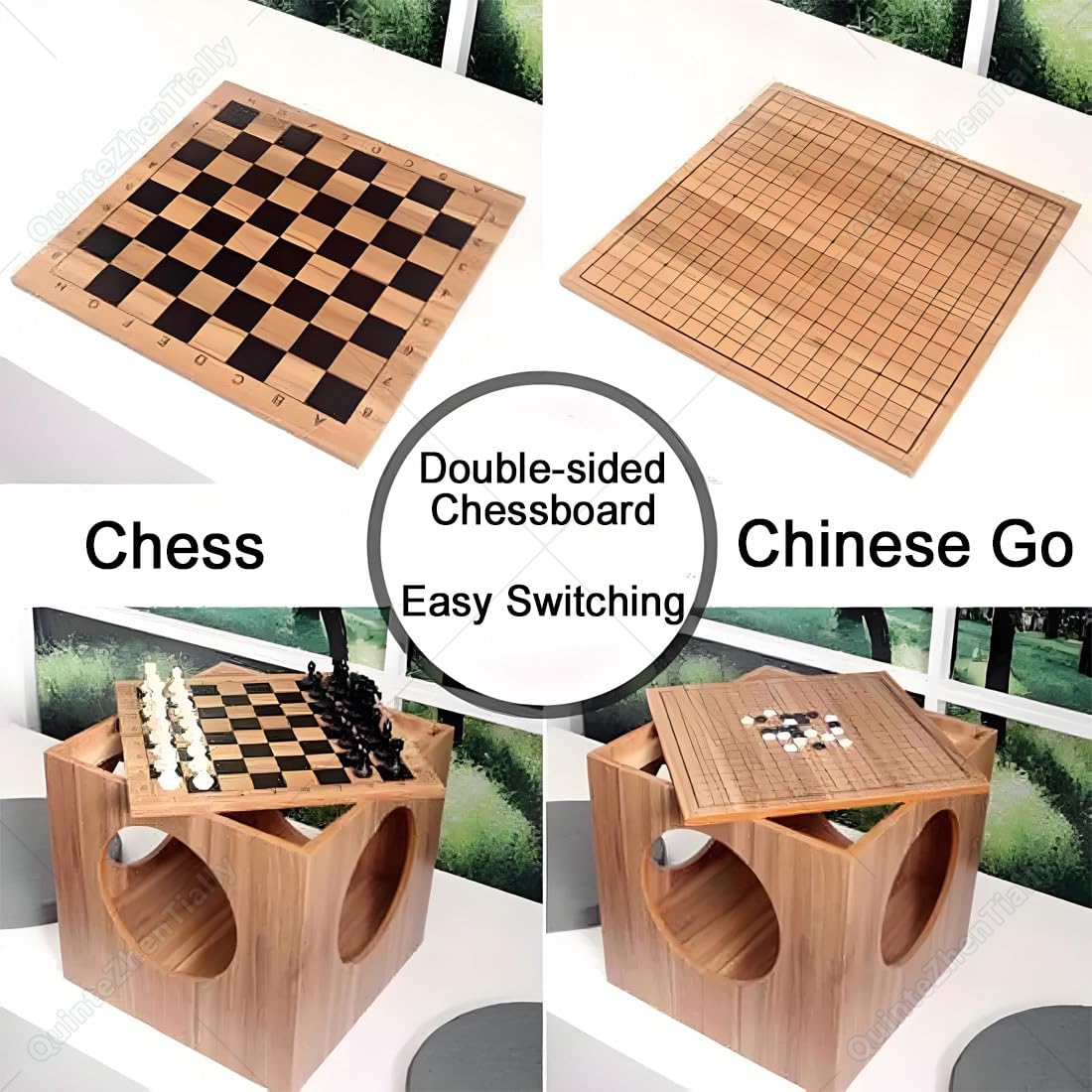Tavolino Basso caffè,Tavolo Scacchi Go Scacchi,Scacchiera,Scacchiera Bifacciale Set Tavolo Scacchi Go 2 in 1,Diametro Foro Centrale 24cm,per Serate Gioco Famiglia 43x43x41cm