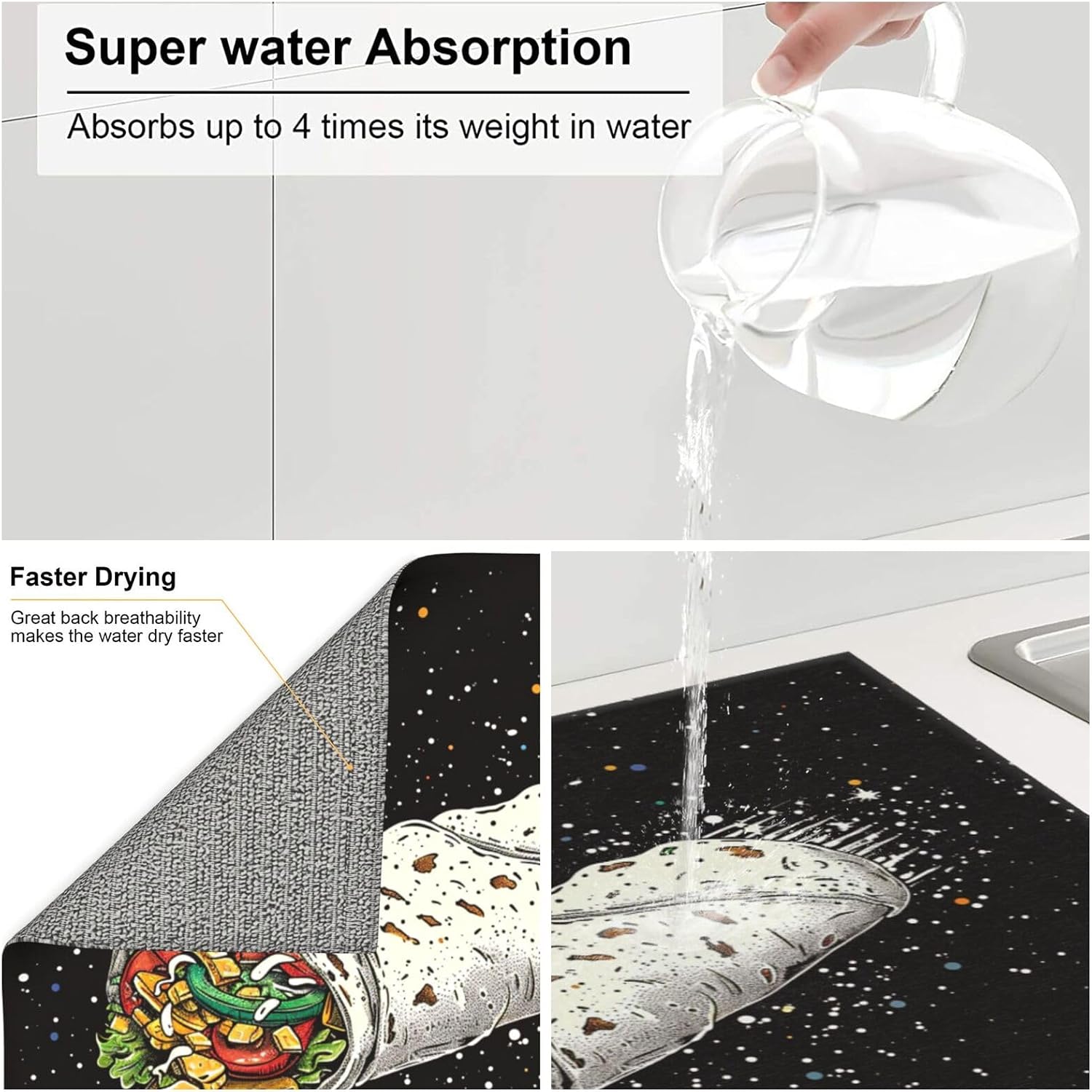 Cartoon Space Theme Burrito Dish Drying Mat For Kitchen Counter Dry Mats Microfiber Dish Drainer Mat Protector Pad Absorbent Fast Drying Kitchen Must-Have 16x18 Inch
