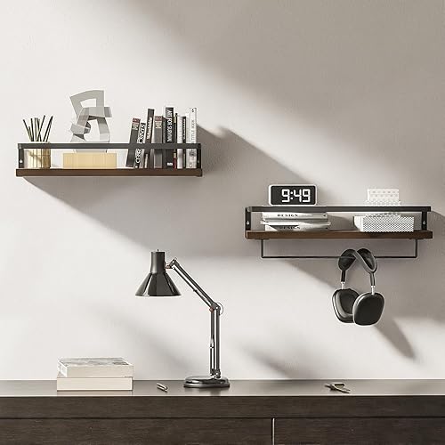 Miniatura 6 de Estantes de baño con toallero, estantes flotantes para baño, cocina, dormitorio, madera de Paulownia, marco de metal negro mate, juego de 2 (marrón