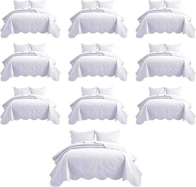 IR Imperial Rooms 10 Pack Queen Quilt Bedding Set (90" x 96") - Bulk Wholesale for Hotels, Guest Bedroom & Airbnbs - Lightweight Microfiber Reversible Floral Embossed Quilts Bedspreads (White)