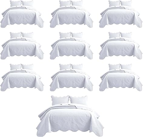 IR Imperial Rooms 10 Pack Queen Quilt Bedding Set (90" x 96") - Bulk Wholesale for Hotels, Guest Bedroom & Airbnbs - Lightweight Microfiber Reversible Floral Embossed Quilts Bedspreads (White)