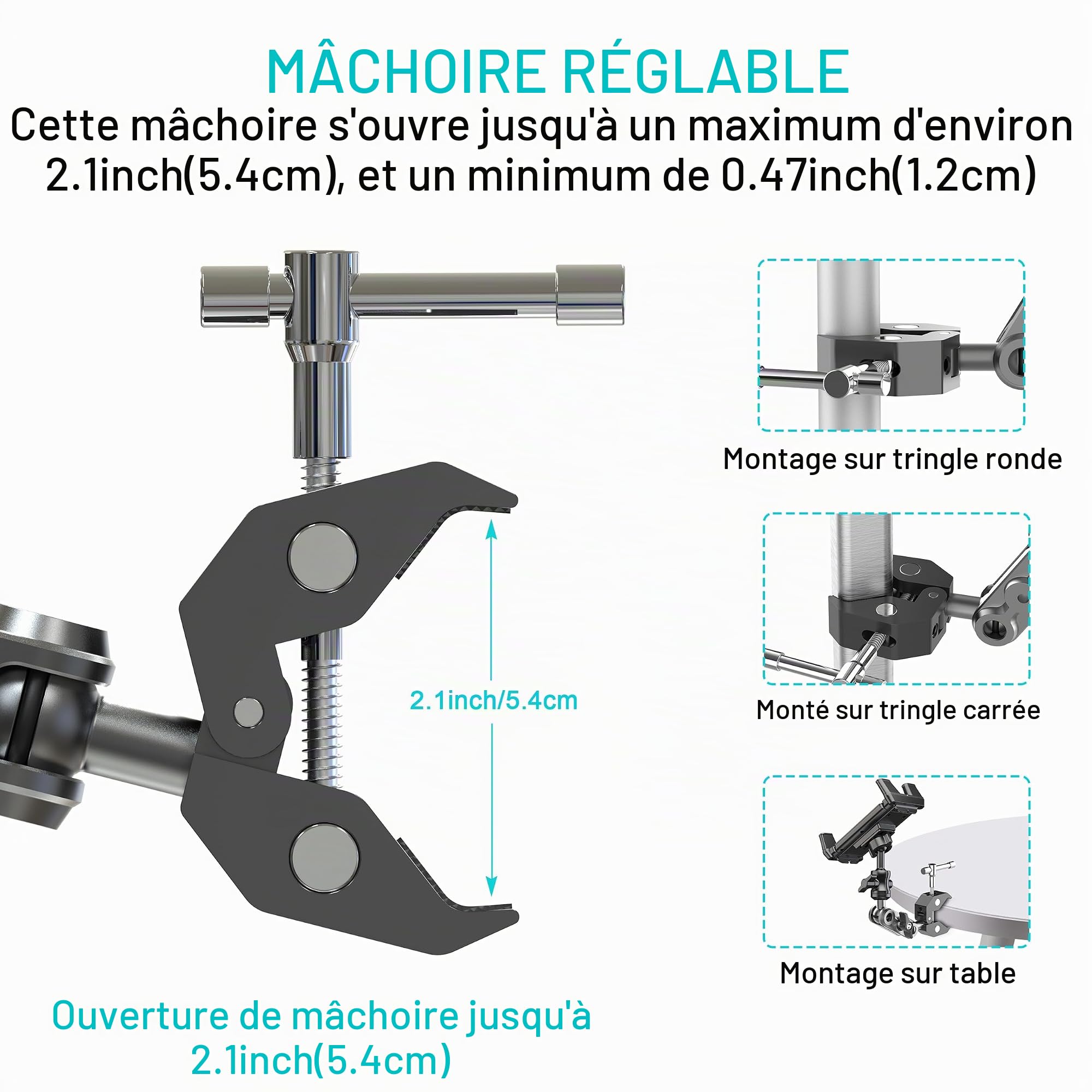 Support Universel pour Tapis de Course, vélo d'appartement, Poussette, Fauteuil Roulant, voiturette de Golf - Pince à 360° for iPad, iPhone, Smartphones et tablettes de 12 à 33 cm